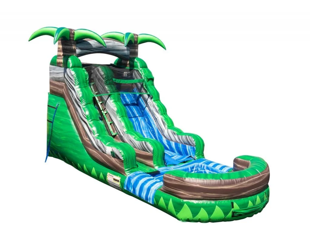 Inflatable water slide with tropical theme, featuring green leaves and palm trees