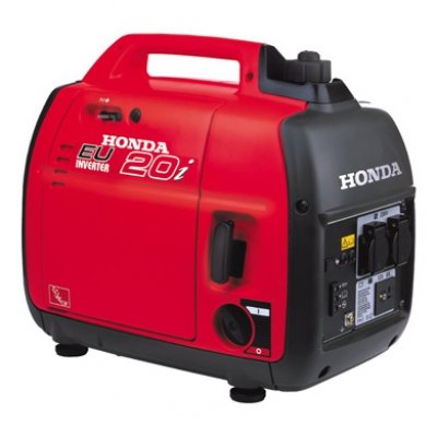 Red Honda portable generator with black side panel, handle on top, and control panel with outlets and switches.