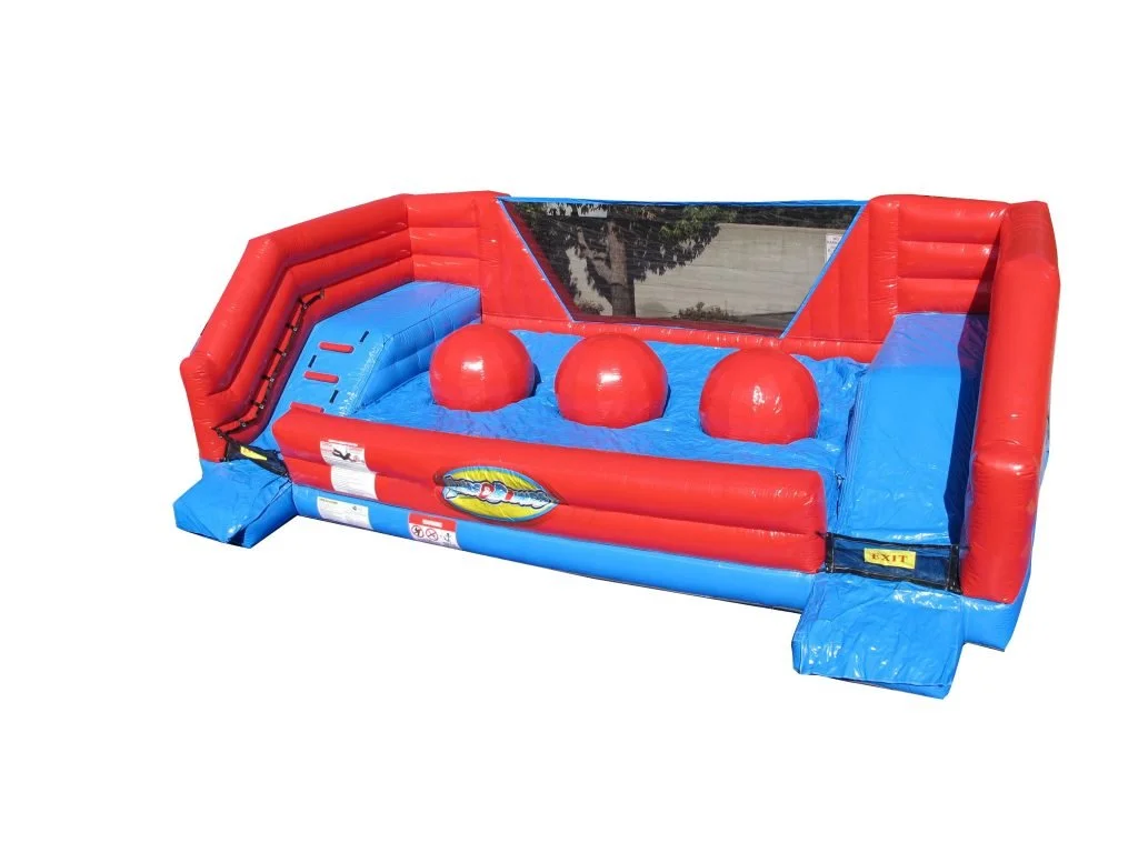 Inflatable water obstacle course, featuring red and blue color blocks, three red balls, and a mesh side panel.
