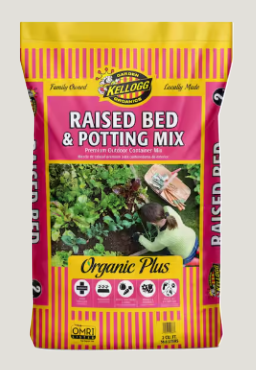 Bag of Kellogg's Raised Bed & Potting Mix with organic plus label, showing children planting in a garden.