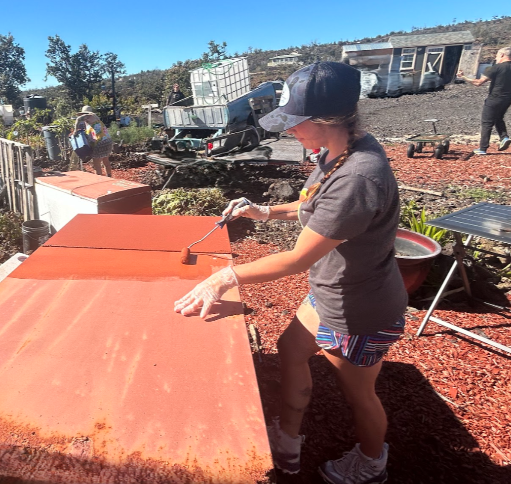 Person painting a large recycled refrigerator, that will become a garden, with a background of gardening and construction work.