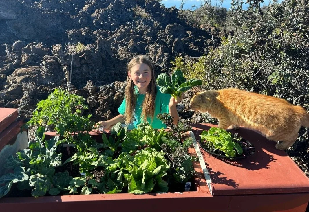 A girl smiling and holding a large leafy green vegetable in a recycled refrigerator garden with various plants and a cat exploring a part of the garden bed