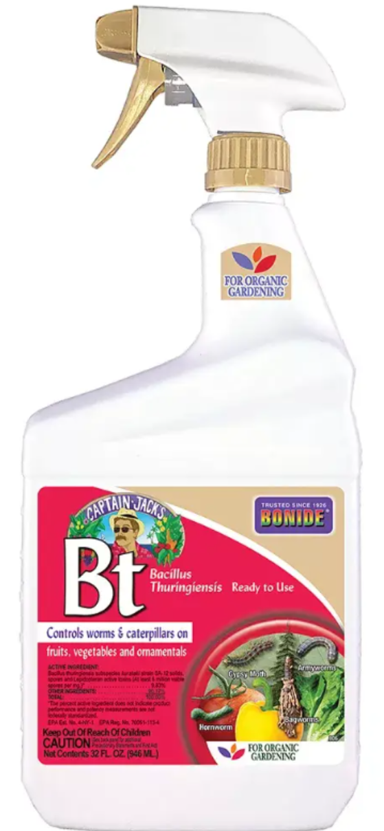 Spray bottle labeled for organic gardening containing a pest control solution for fruits, vegetables, and ornamentals, with images of insects and plants on the label.