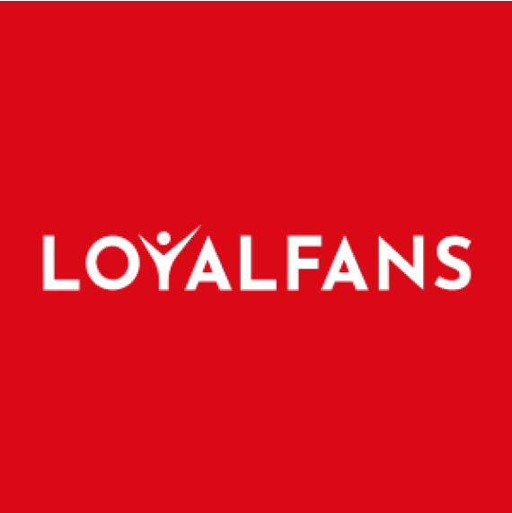Red background with the word 'LOYALFANS' in white, stylized text with a small human figure forming part of the letter 'Y' and 'A'.