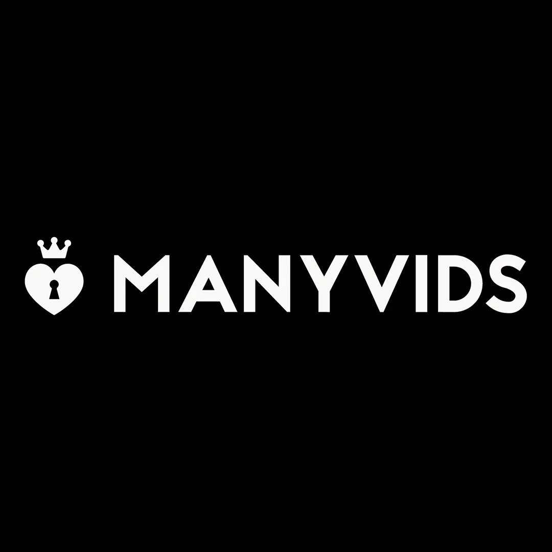 Black background with the logo of ManyVids, featuring a white heart with a keyhole and a small crown above it, followed by the word 'MANYVIDS' in white capital letters.