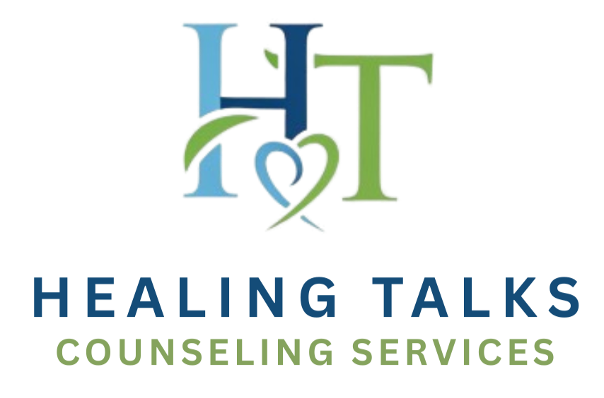 Logo with the text 'H2T' in large multicolored letters and a small green and blue heart shape intertwined with the letter 'H'. Below, it reads 'Healing Talks' in dark blue text, followed by a lighter green tagline.