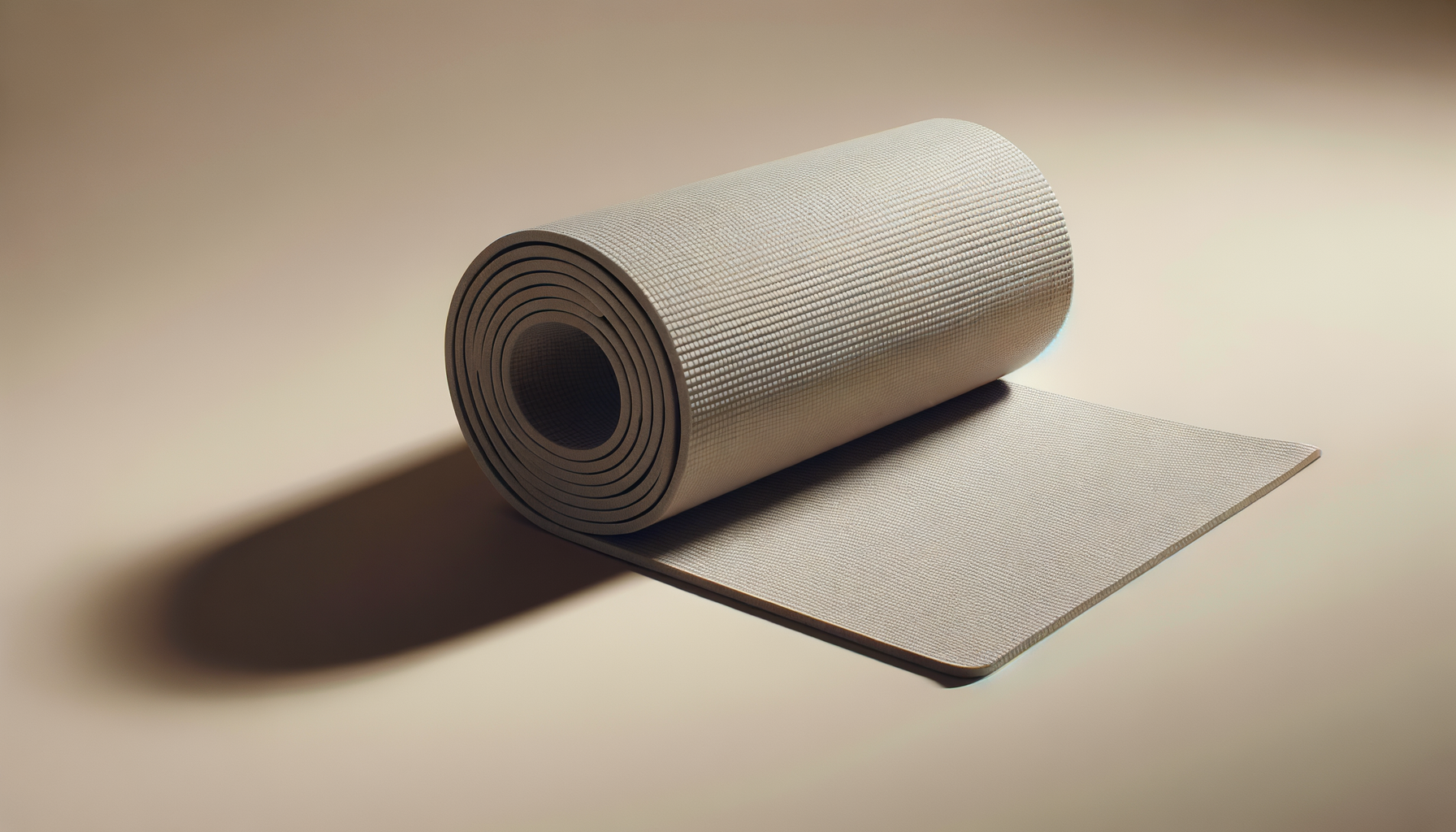 A rolled yoga mat placed on a light-colored surface with a shadow cast beside it.