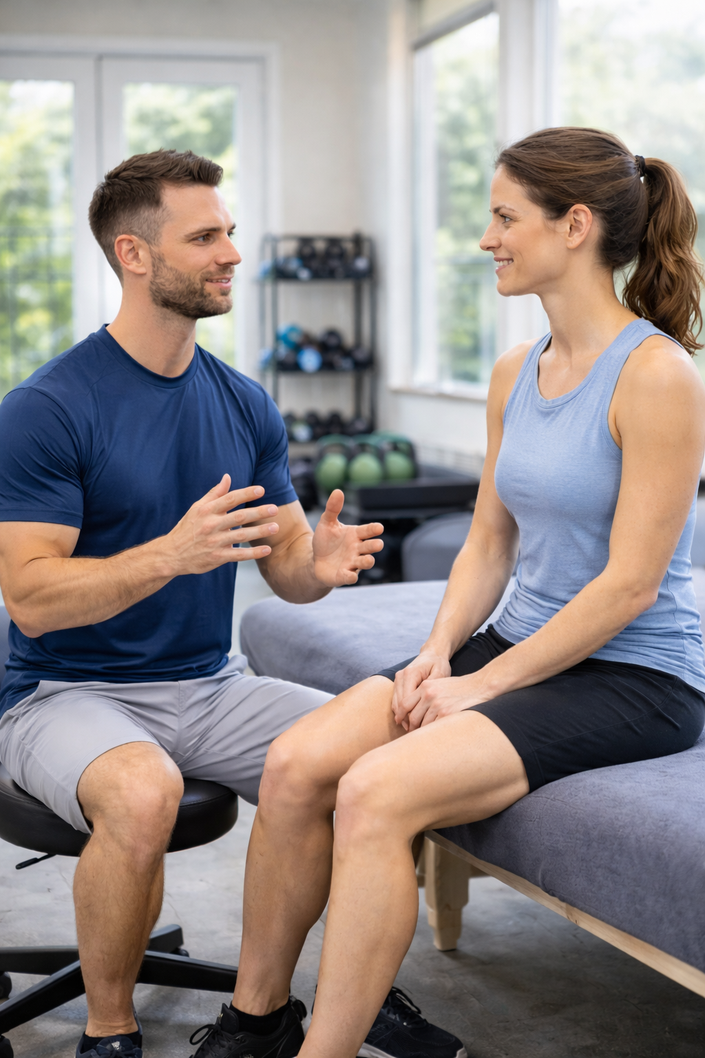 A male physical therapist in a blue shirt and gray shorts sits on a stool, talking to a female patient in athletic wear, sitting on an examination table, inside a well-lit gym or rehabilitation center.