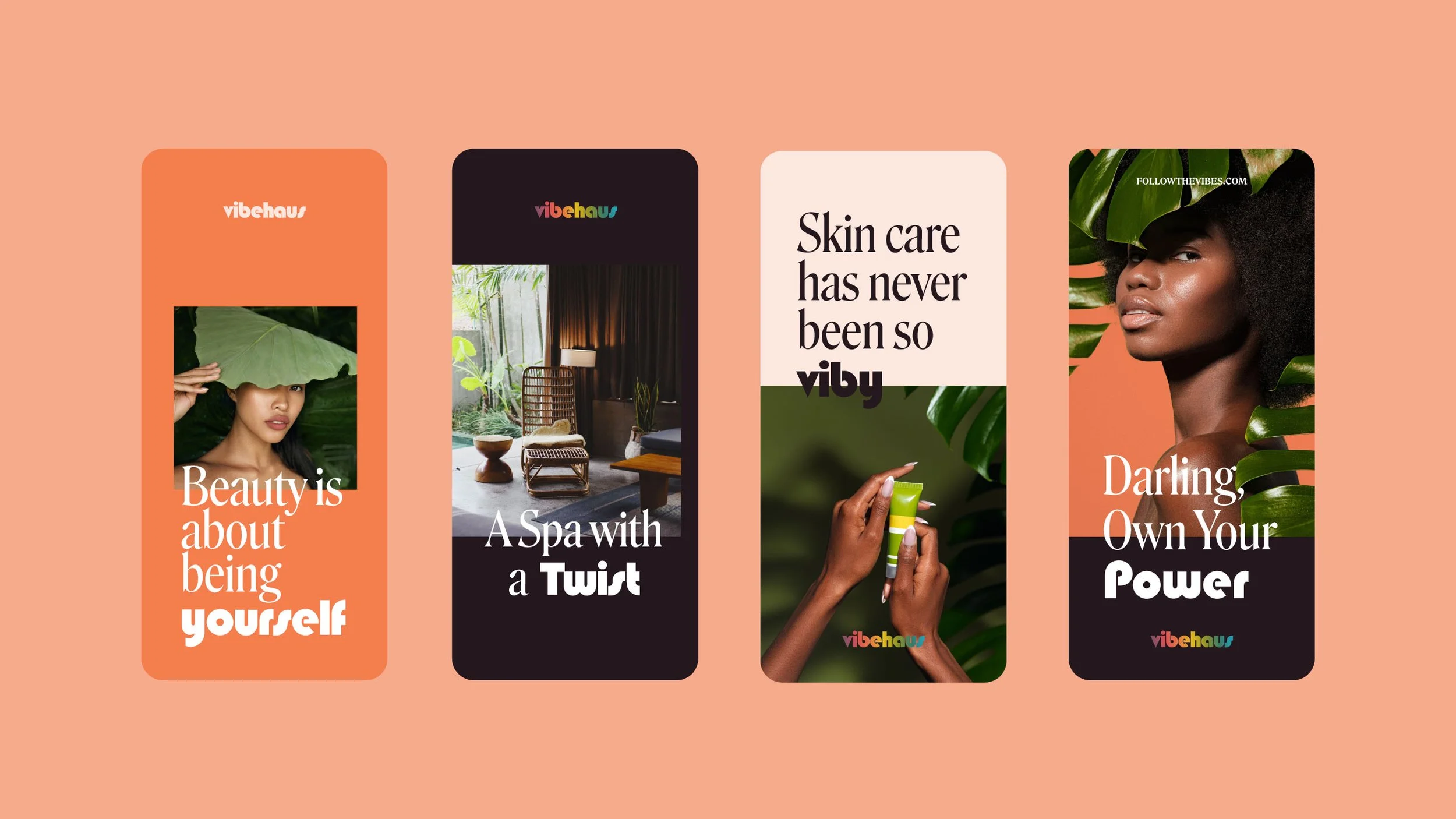 A collage of four vertical panels with interior decor and skincare advertisement, featuring women with natural hair and inspiring quotes on a peach background.