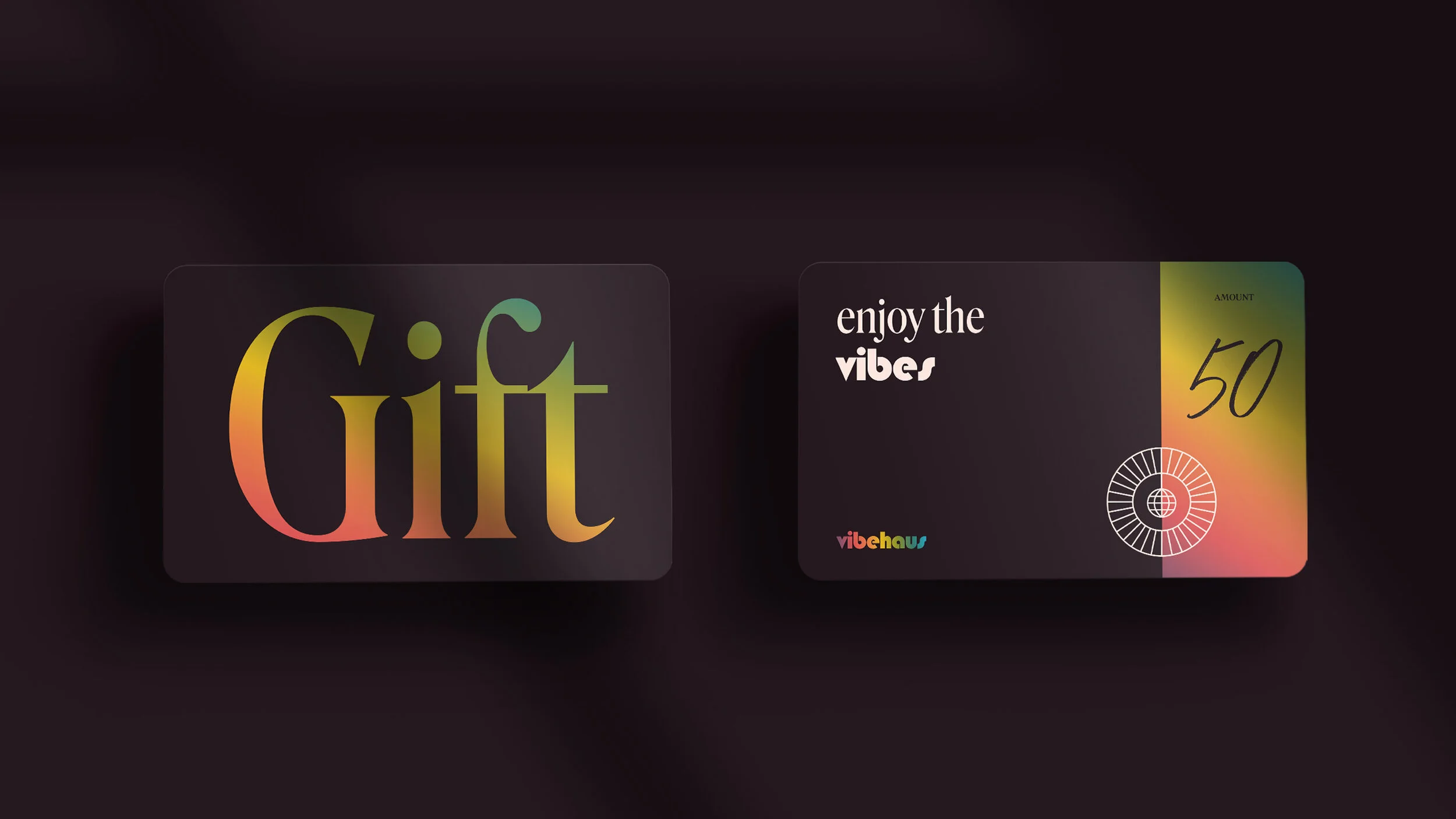 Colorful design with the word 'gift' in large letters, and a card with the text 'enjoy the vibes' and a rainbow-colored '50' on it, featuring a circular globe-like graphic.