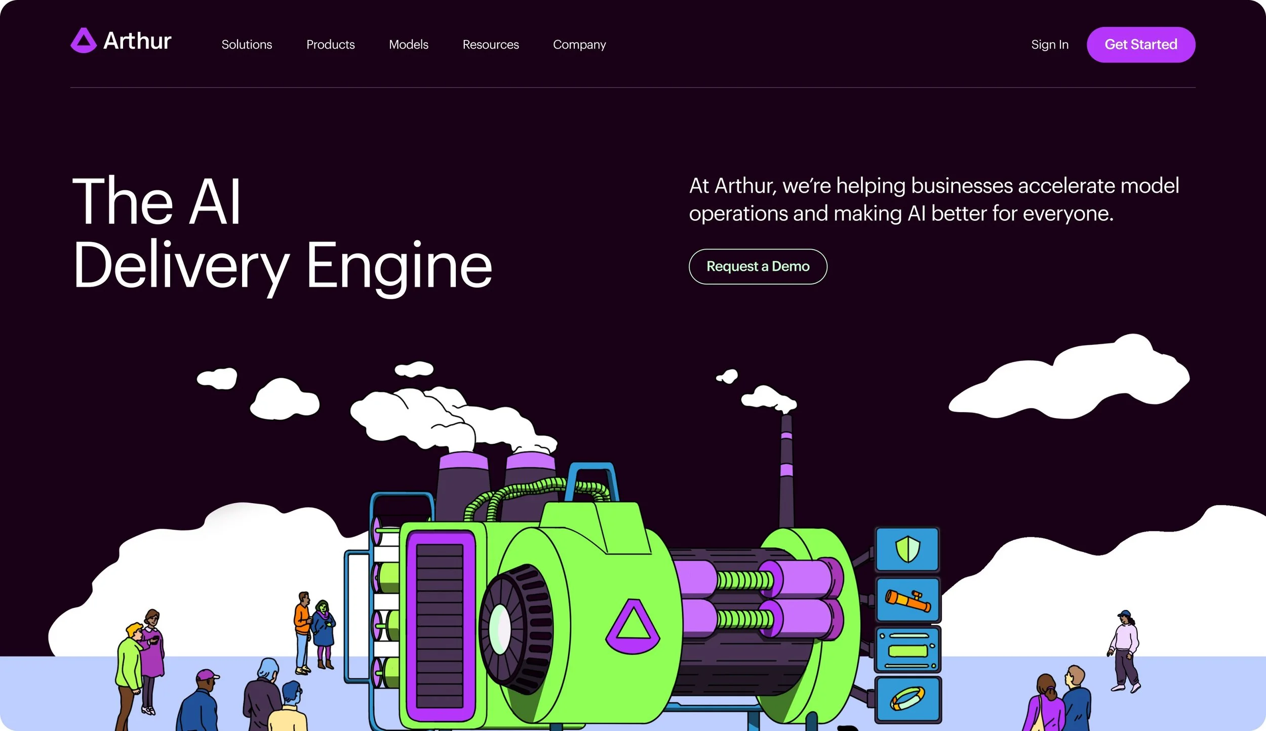 A website homepage for Arthur, a company that helps businesses accelerate model operations and improve AI. The page features a large title, a call-to-action button, and an illustration of a futuristic, green industrial machine with pipes and buttons, surrounded by people.