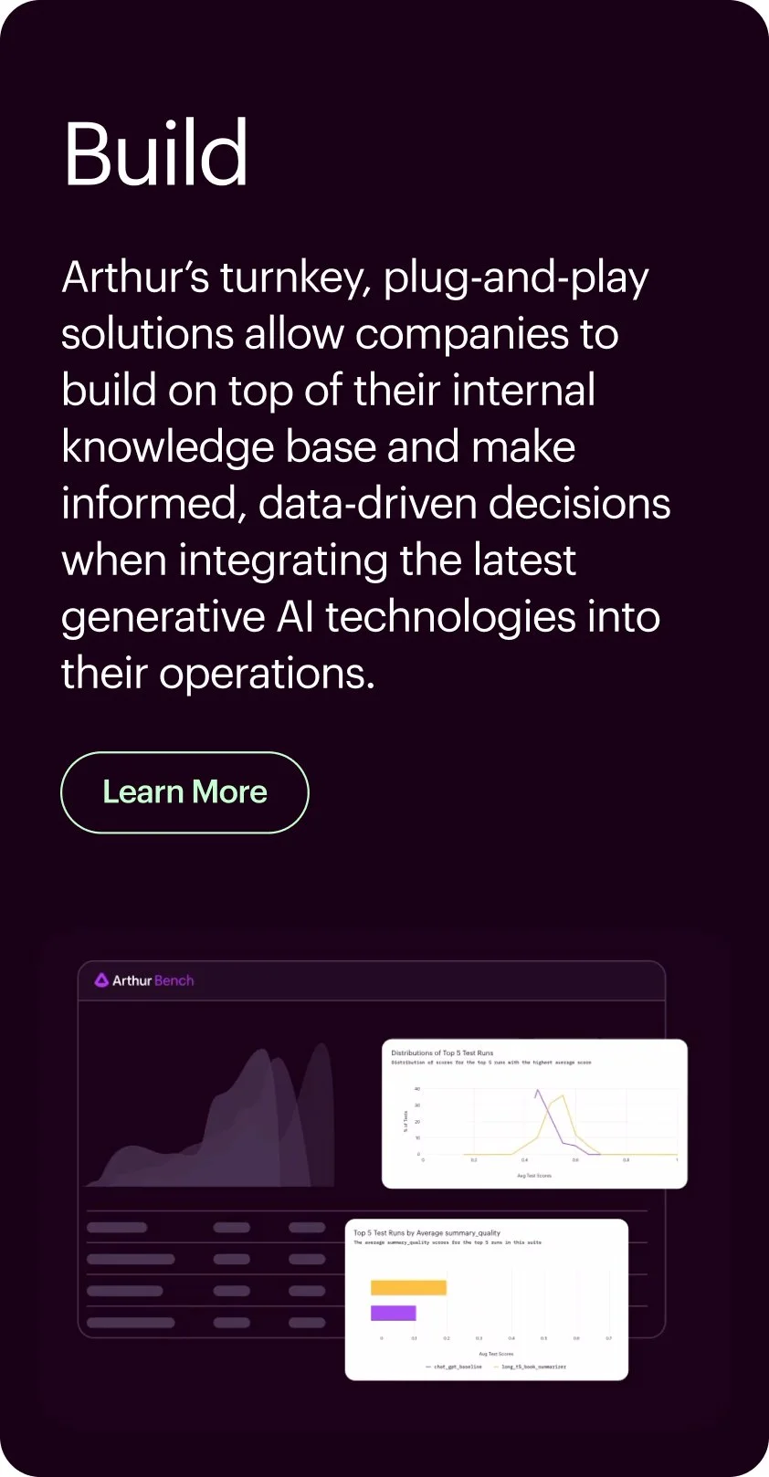 A dark-themed webpage advertising Arthur's turnkey, plug-and-play AI solutions for building on internal knowledge bases and making data-driven decisions, with a 'Learn More' button and partial screenshots of data analysis charts.