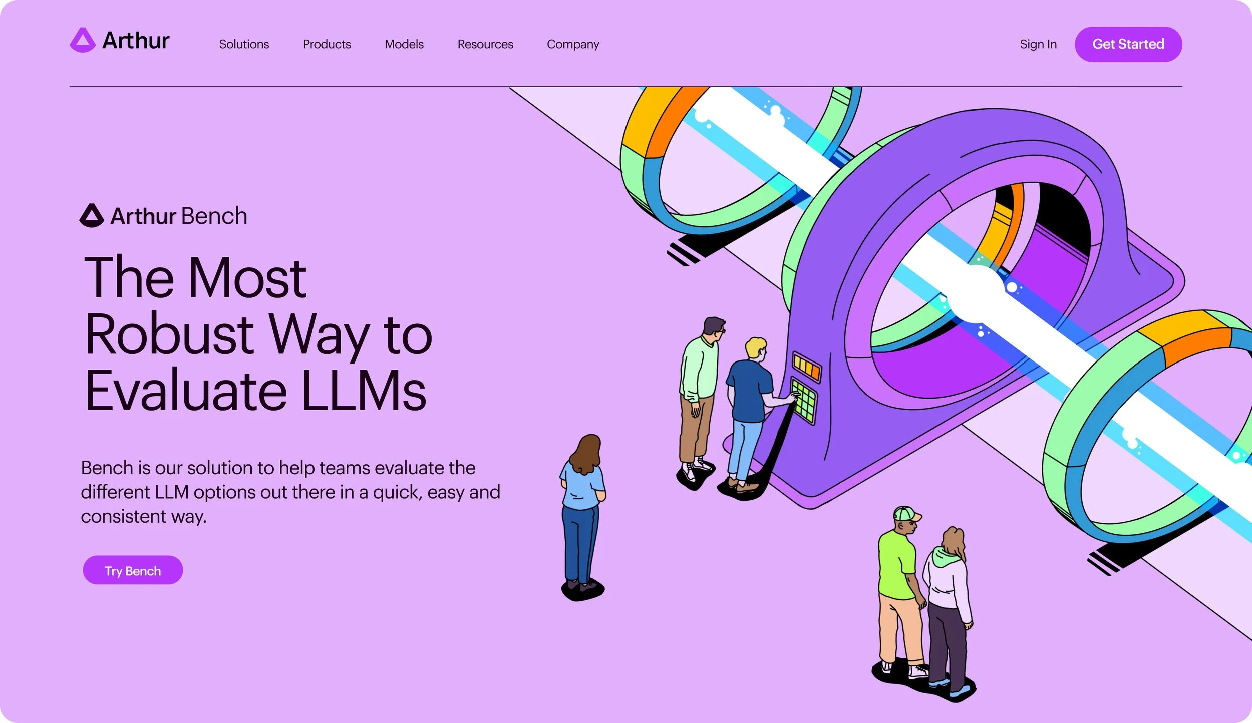 A colorful illustration of people using a machine with a large purple and multicolored swirl design, on a lavender background. The webpage header shows the logo 'Arthur' and a navigation menu. Text on the page reads 'Arthur Bench' and 'The Most Robust Way to Evaluate LLMs.' There are call-to-action buttons labeled 'Try Bench' and 'Get Started.'