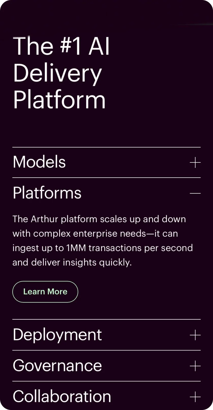 A mobile website screen displaying the text 'The #1 AI Delivery Platform' with sections for 'Models,' 'Platforms,' 'Deployment,' 'Governance,' and 'Collaboration,' and a 'Learn More' button.