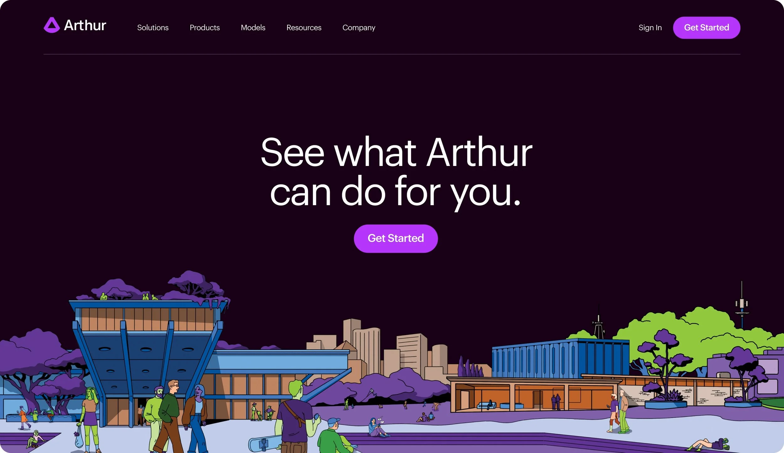 A colorful digital illustration showcasing an outdoor urban park scene with trees, buildings, and various people engaging in activities. The top part of the image contains a website interface with the name 'Arthur' and navigation options, along with a 'Get Started' button.