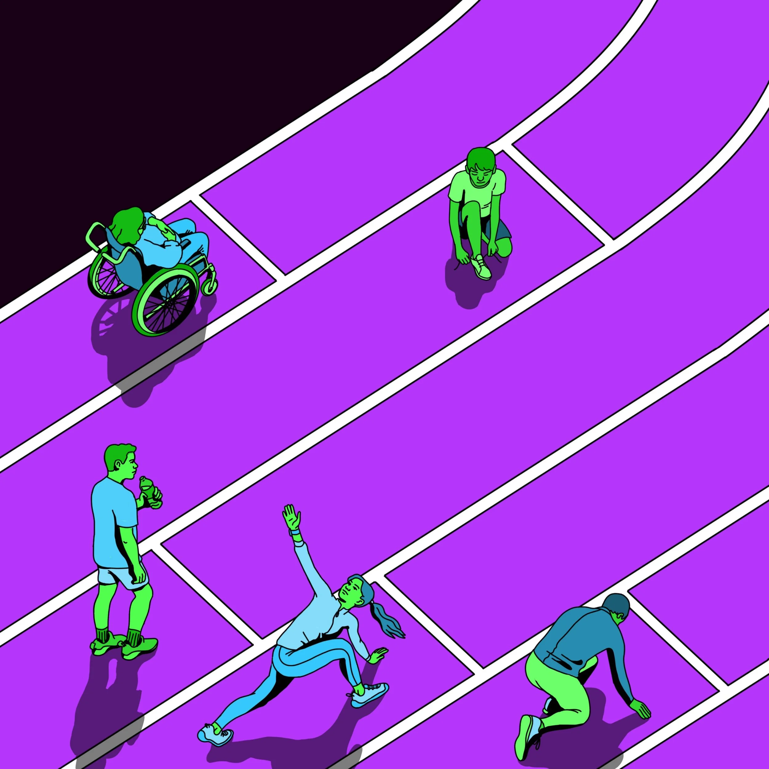 Illustration of multiple people on tennis courts, some sitting, stretching, or lying down, with vibrant purple and black background.