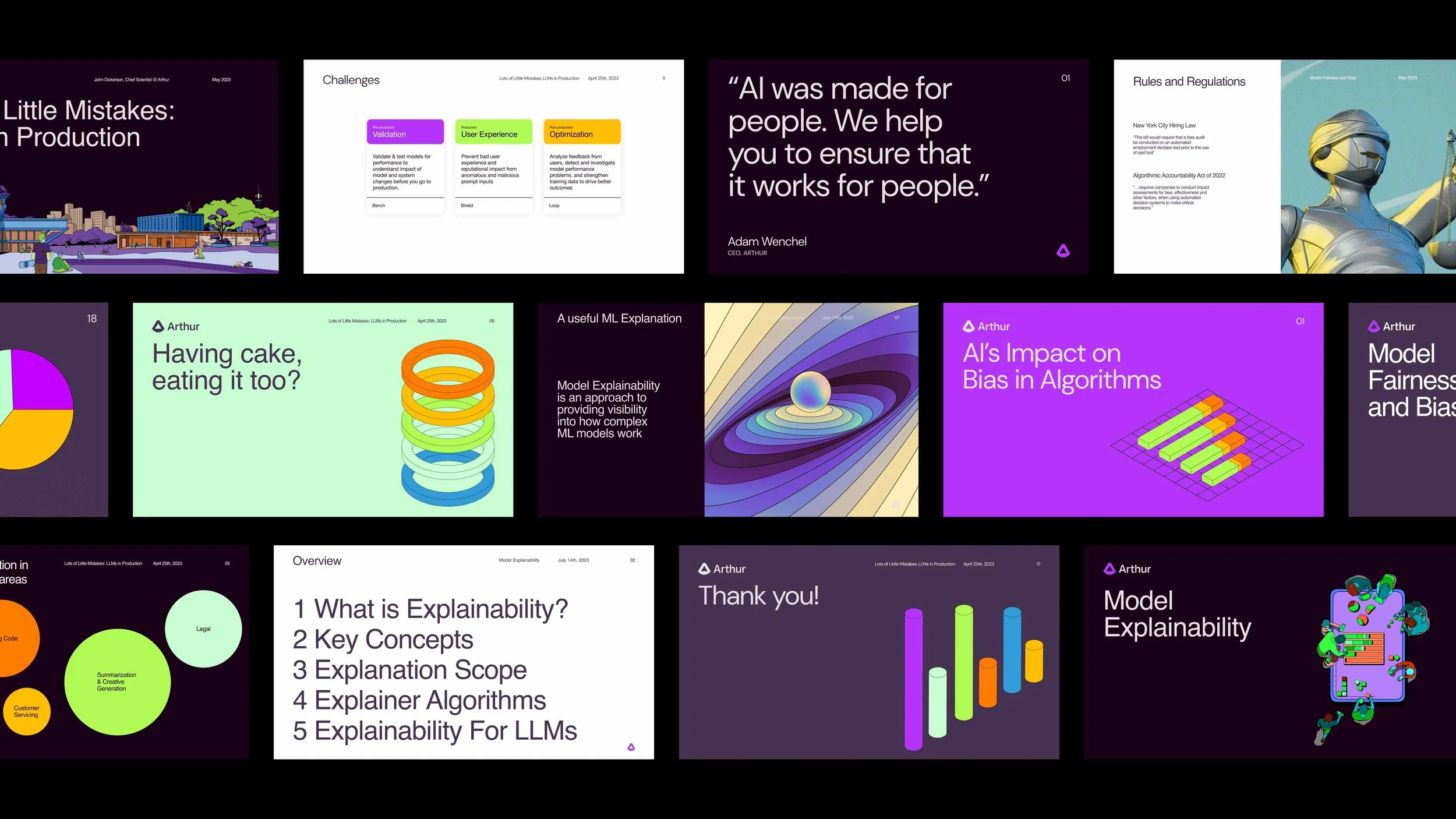 A collage of presentation slides on topics related to machine learning, AI, and algorithm fairness, featuring colorful graphics, text, and charts.