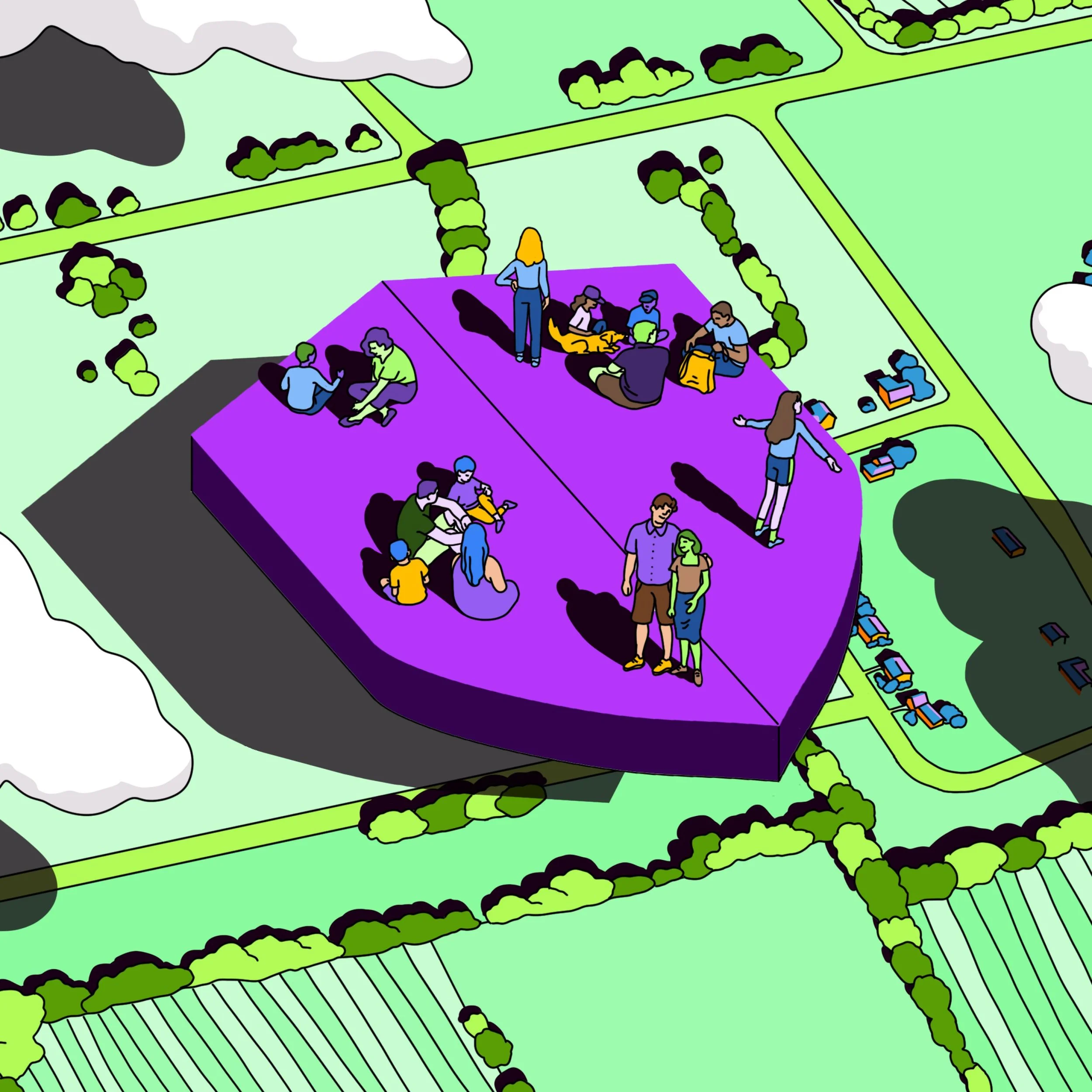 An illustrated map showing a park with pathways, trees, and multiple groups of people sitting and chatting, some with dogs, on a purple and green area.
