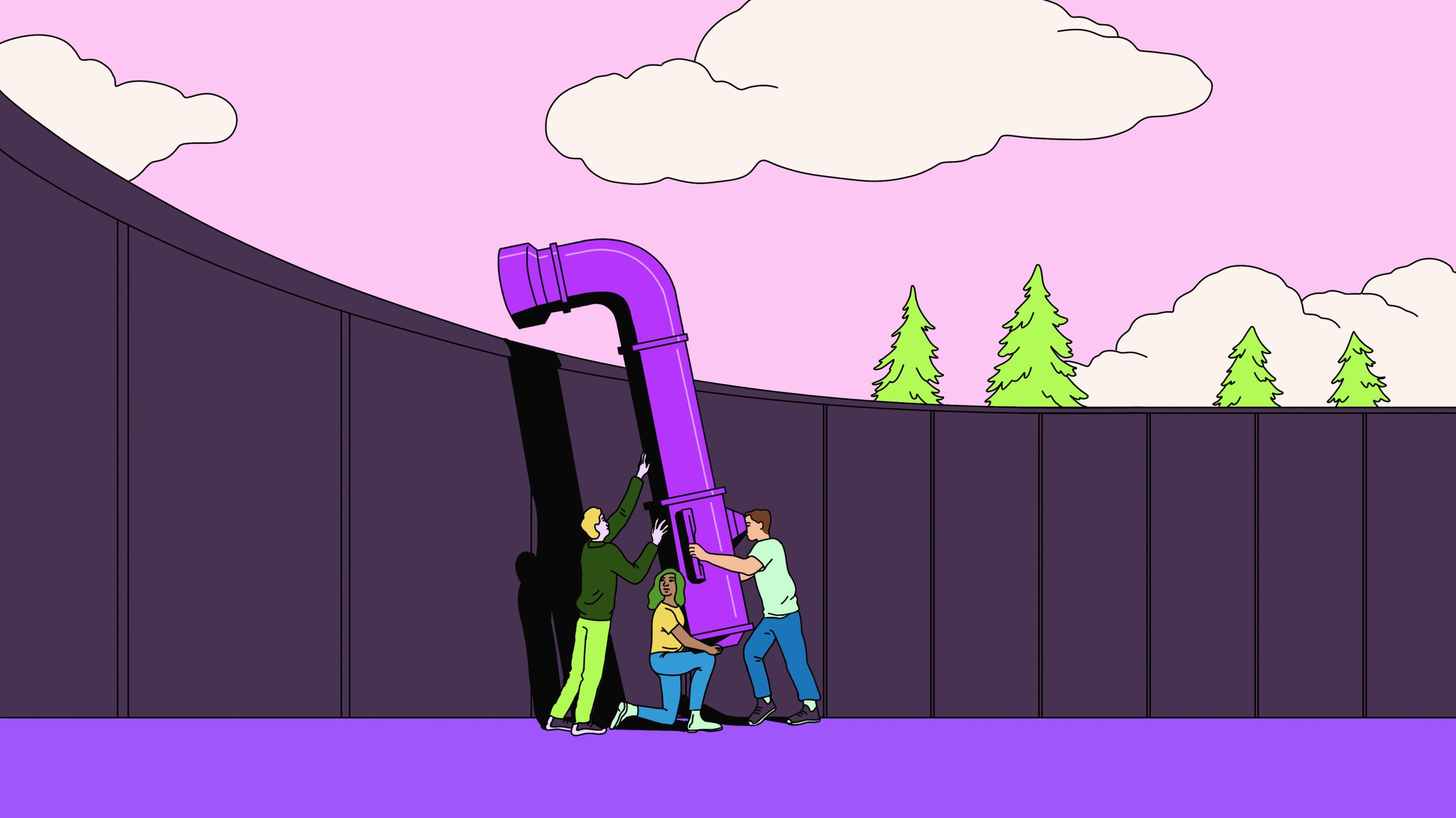 Three people working together to install a large purple pipe into a tall dark purple structure outdoors. Two of them are standing and one is kneeling, with a background of pink sky and green trees.
