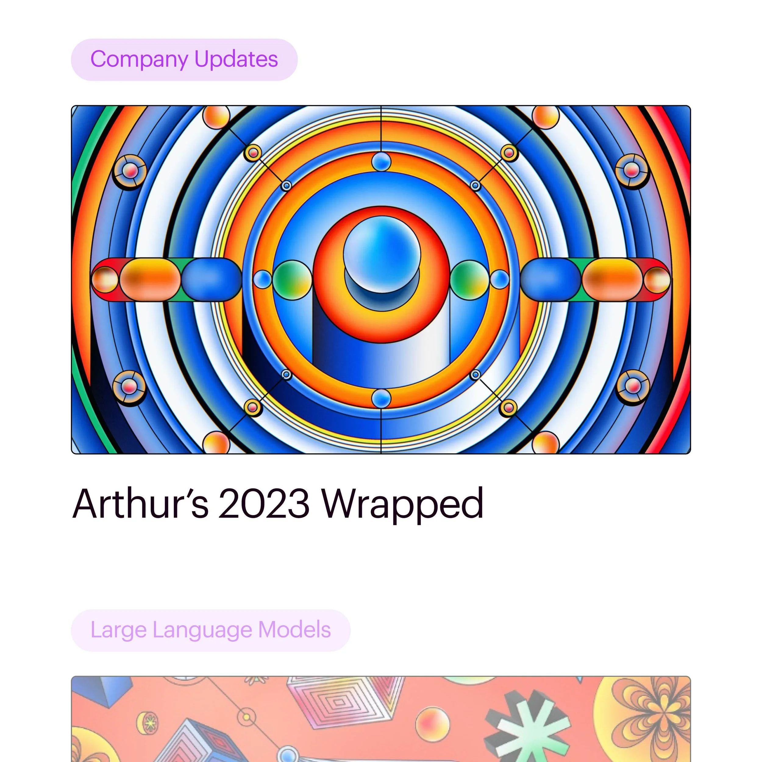 Colorful abstract geometric artwork with concentric circles, various shapes, and vibrant colors. Overlaid text indicates this is part of Arthur's 2023 Wrapped, a large language model.