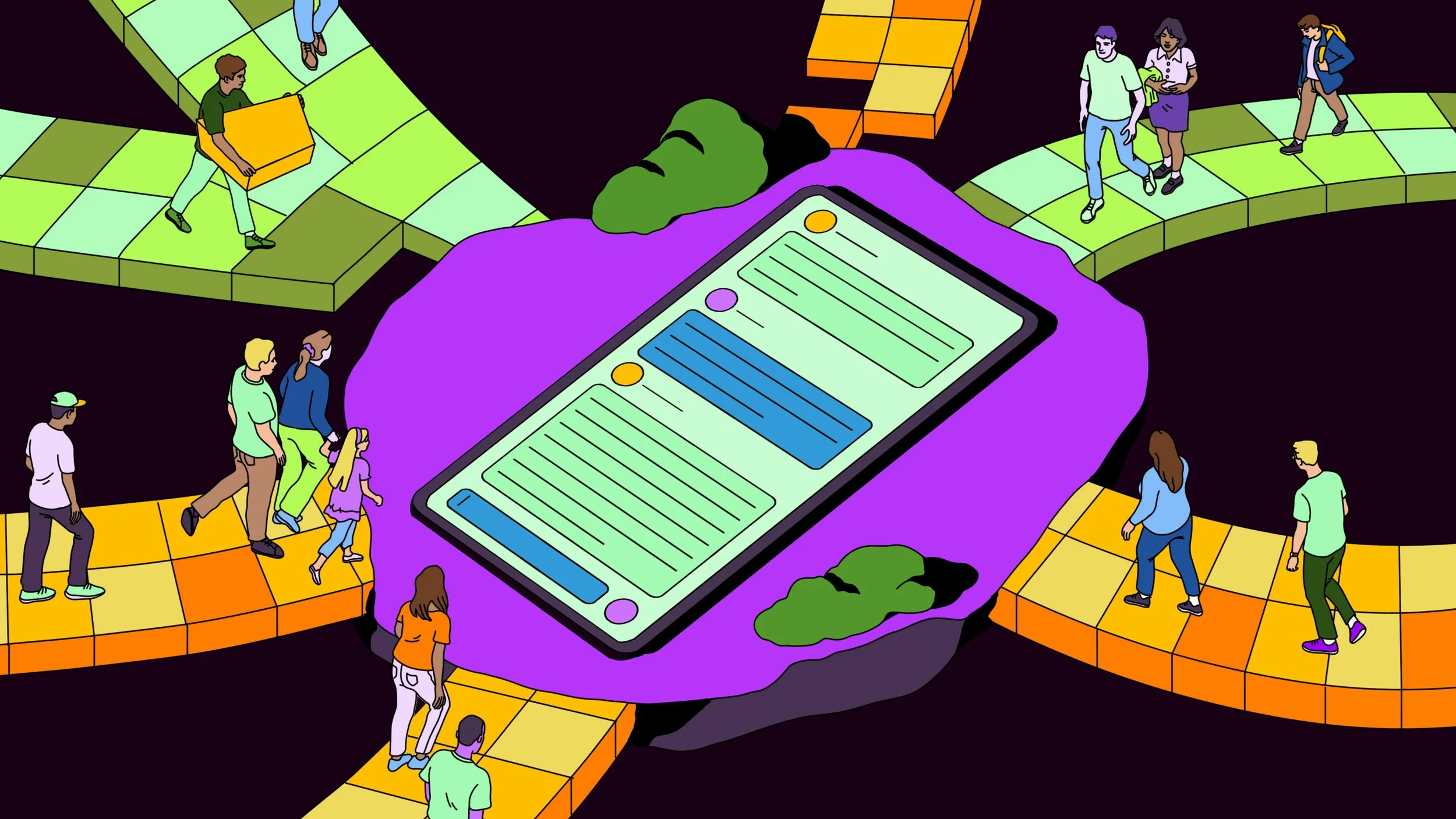 A digital illustration depicts a large smartphone lying on the ground surrounded by colorful, blocky pathways and groups of people walking around or crossing over these pathways.