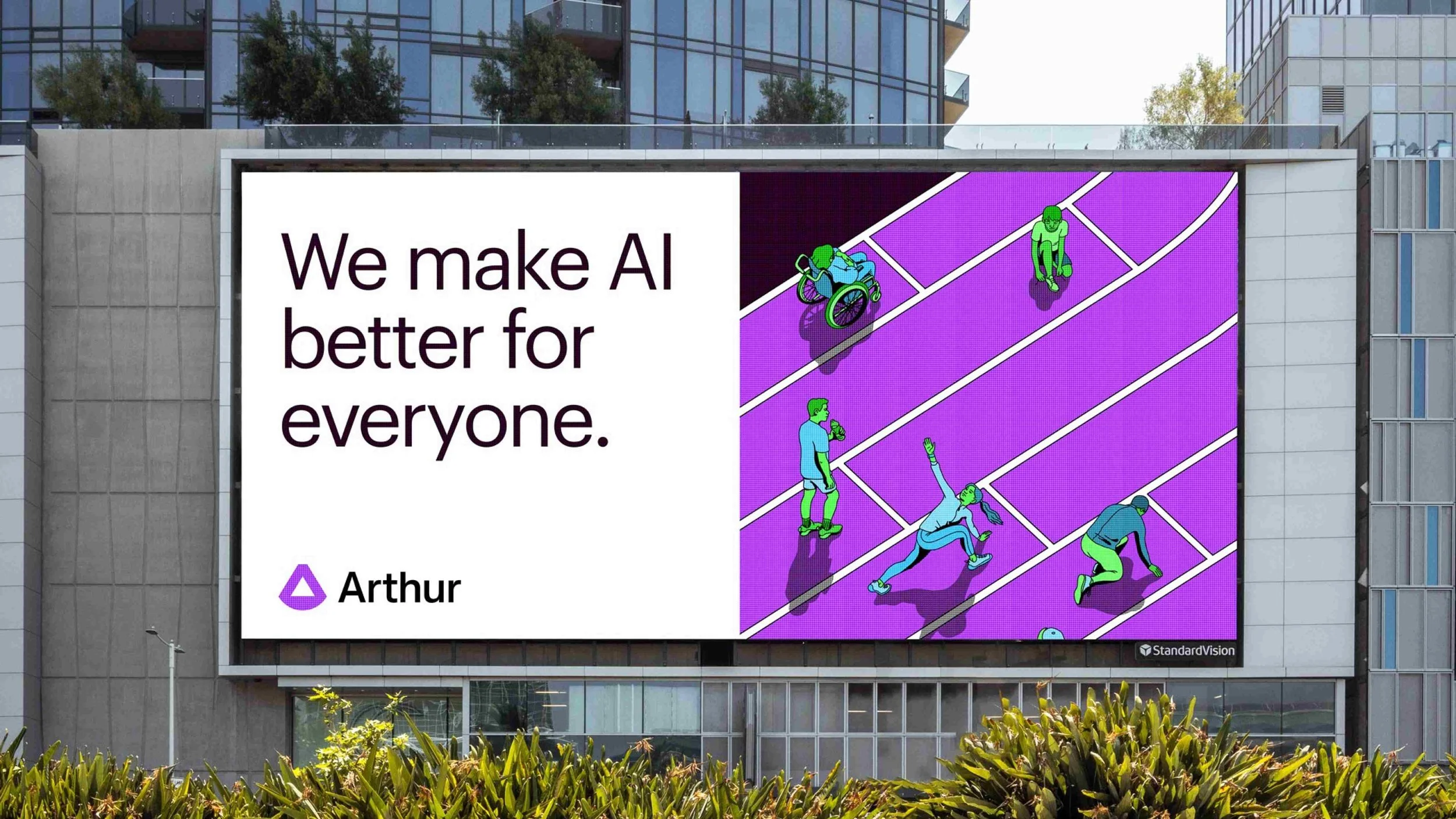 Large billboard on building with an advertisement for Arthur, featuring the slogan 'We make AI better for everyone.' and colorful illustrations of people engaging in various activities on a purple background.