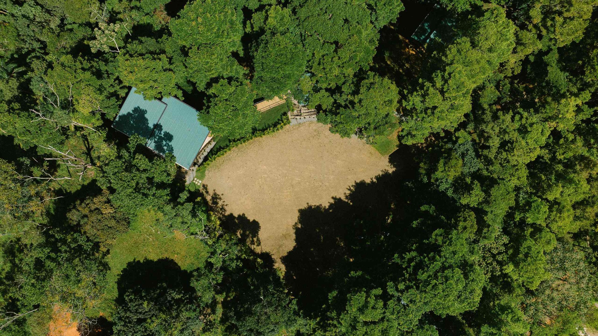 An aerial view of a backyard with dense green trees surrounding a small building with a teal roof, a cleared open space, and shaded areas.