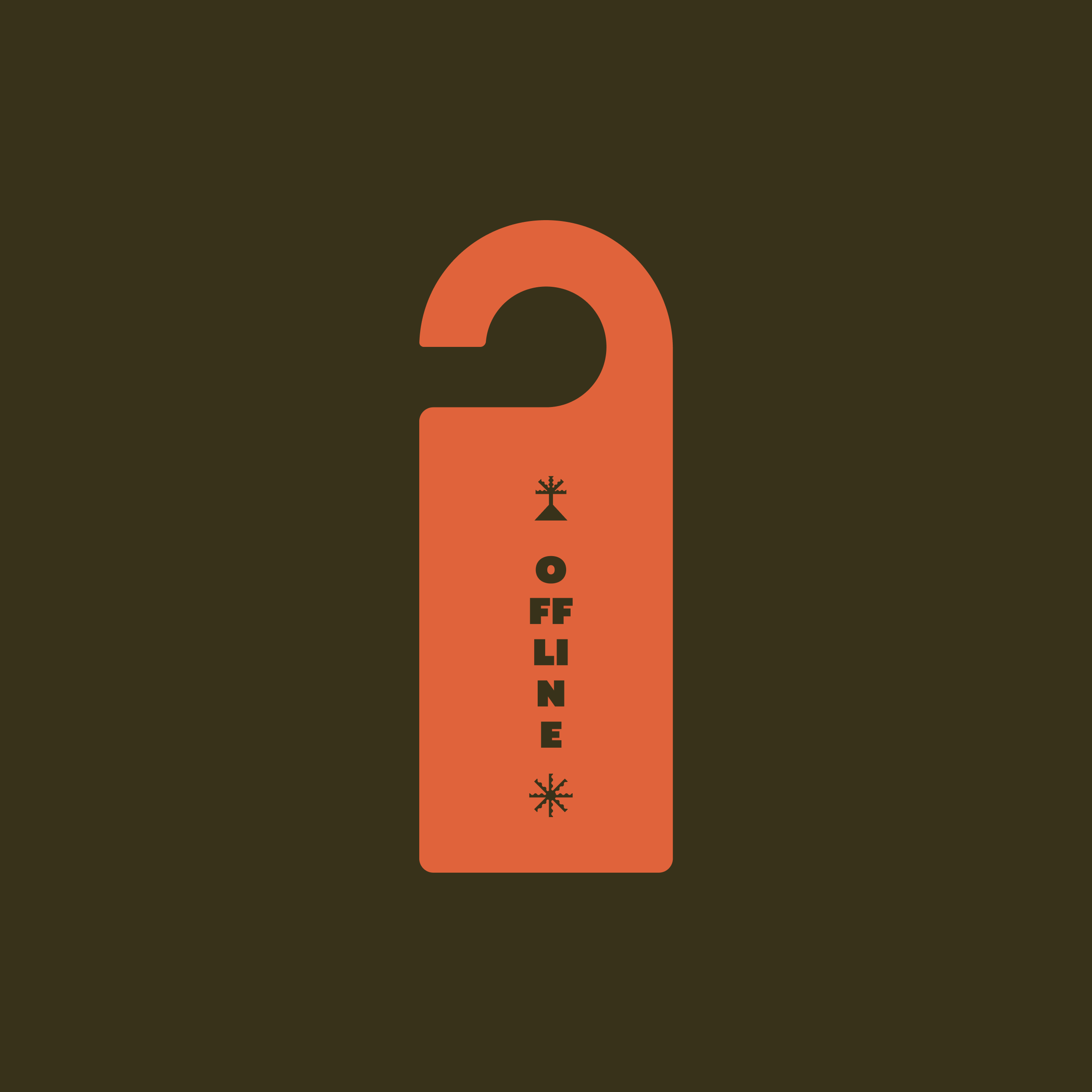 Graphic with an orange question mark over a dark background, with small icons of a tree, snowflake, and tree inside the question mark, and the word 'OFFLINE' vertically aligned on the mark.