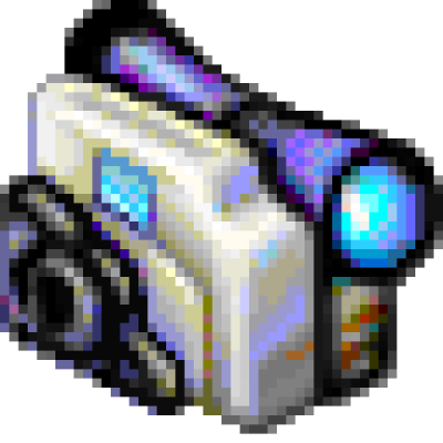 Pixelated image of a white camcorder with a black lens and a blue light on top.