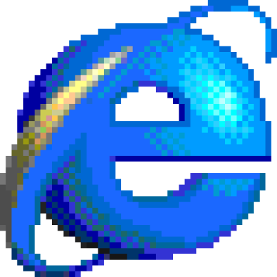 A pixelated, blue Internet Explorer logo with a stylized lowercase 'e' and a yellow swoosh.