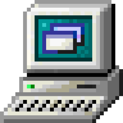 Pixelated illustration of an open vintage computer with a monitor displaying overlapping rectangles.