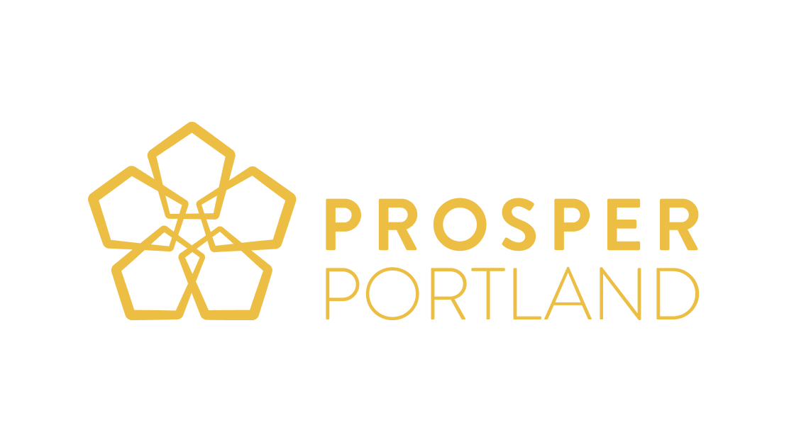 Logo for Prosper Portland featuring a stylized geometric flower with six petals, and the words "Prosper Portland" in gold text on a black background.
