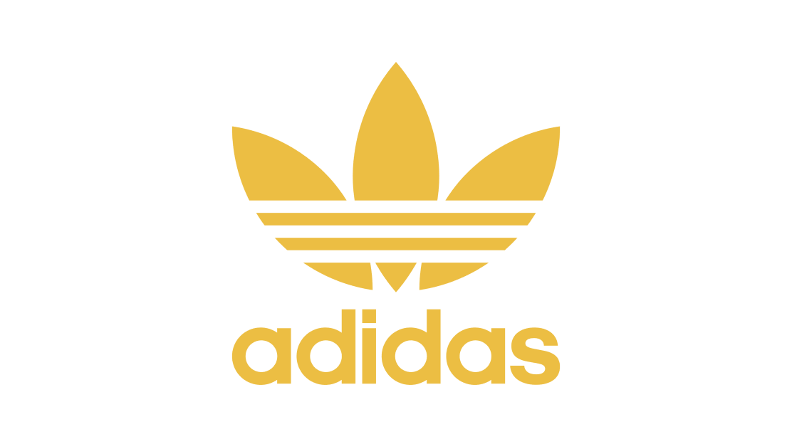 Gold Adidas trefoil logo with the word 'adidas' underneath on a black background.