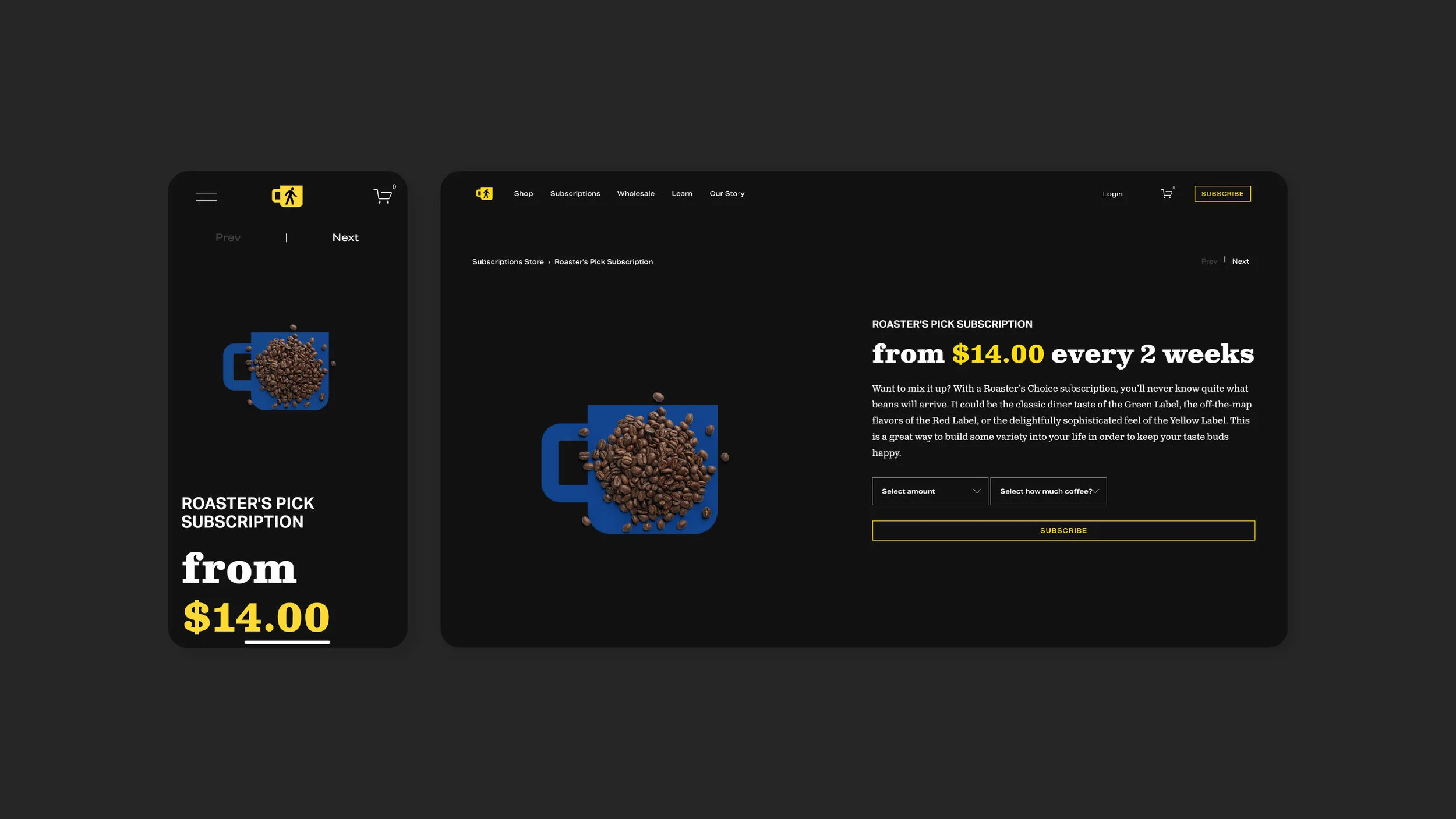 A website screenshot showing a subscription offer for coffee with images of coffee beans and a blue mug, with prices starting from $14.00 every two weeks.