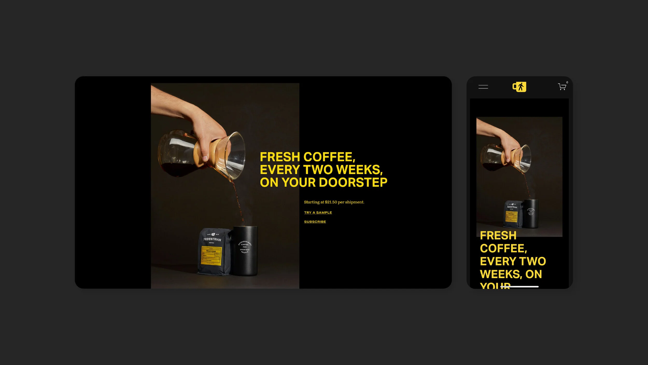 A hand pouring coffee from a glass container into a black bag of coffee labeled 'Pedestrian' with yellow label, set against a dark background, advertising fresh coffee delivery every two weeks.