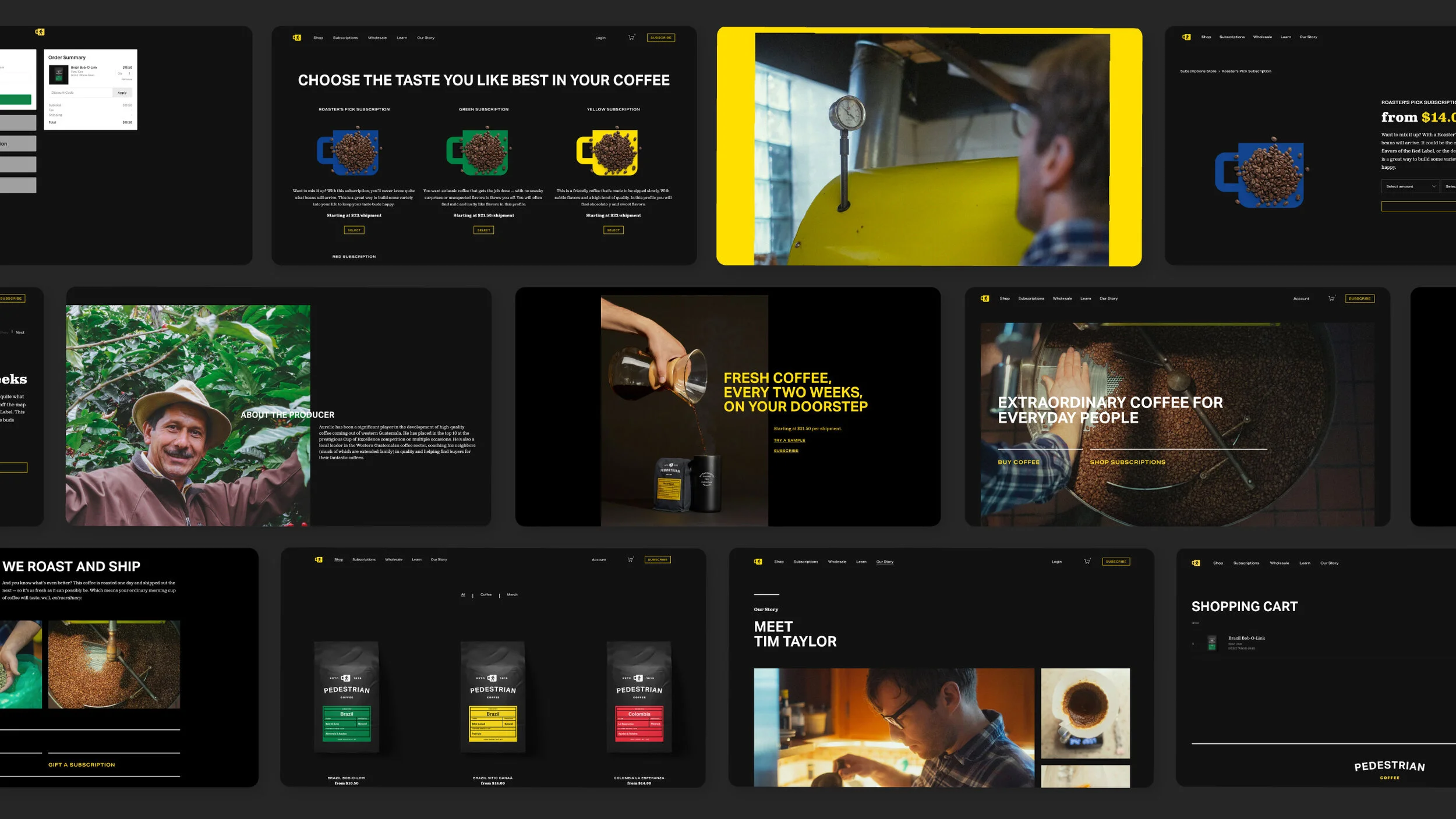 Screenshot of a website with various sections promoting coffee, including subscription plans, coffee farming, and brewing, featuring images of coffee beans, farmers, and coffee brewing scenes.