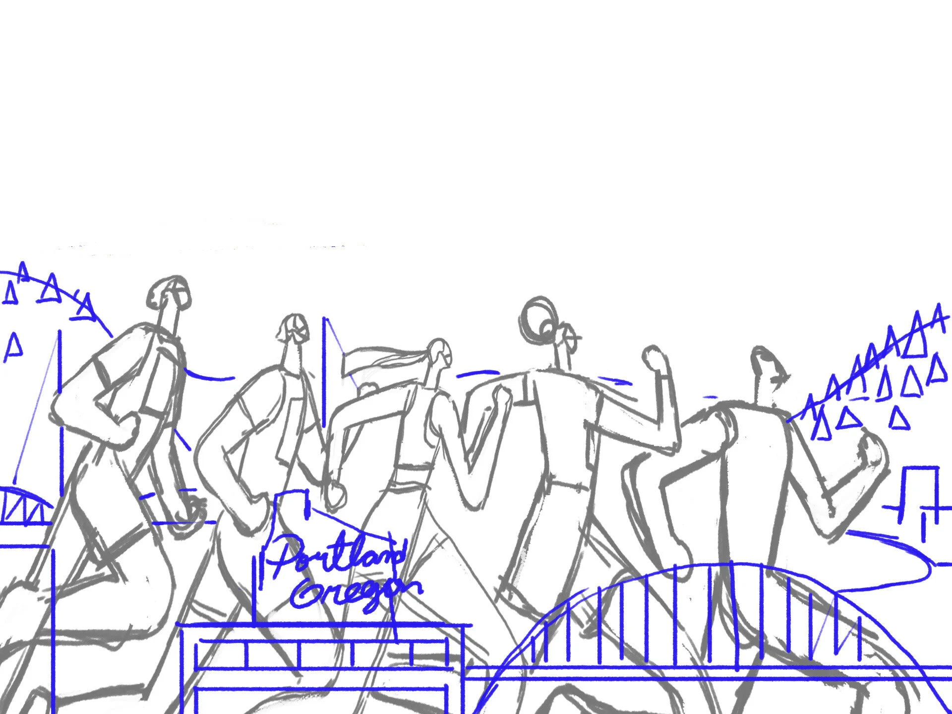 Sketch of people running, with a sign reading 'Portland Oregon' and blue architectural lines and diagrams.