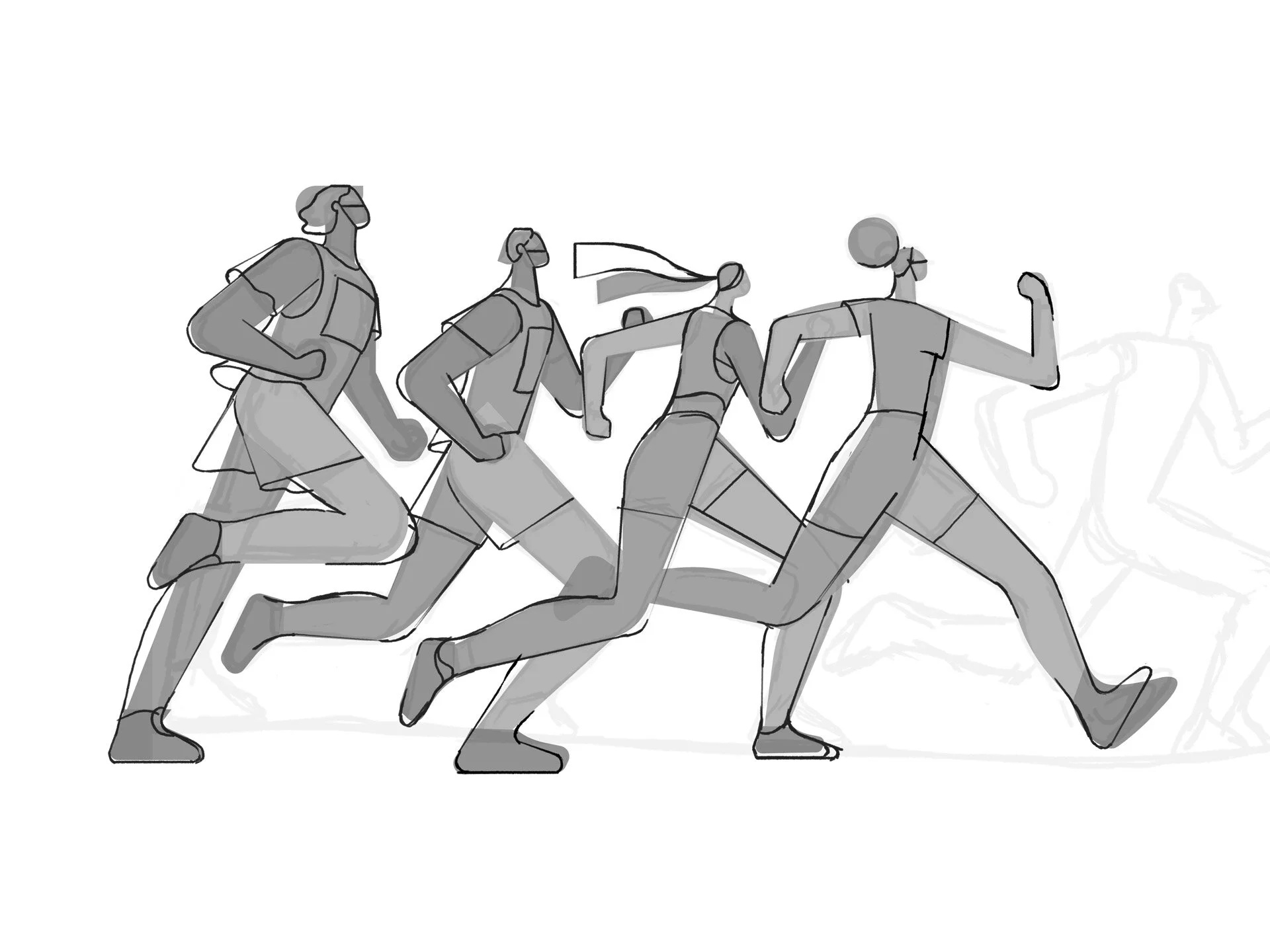 Line drawing of four diverse women running together, depicted with simple, stylized outlines.