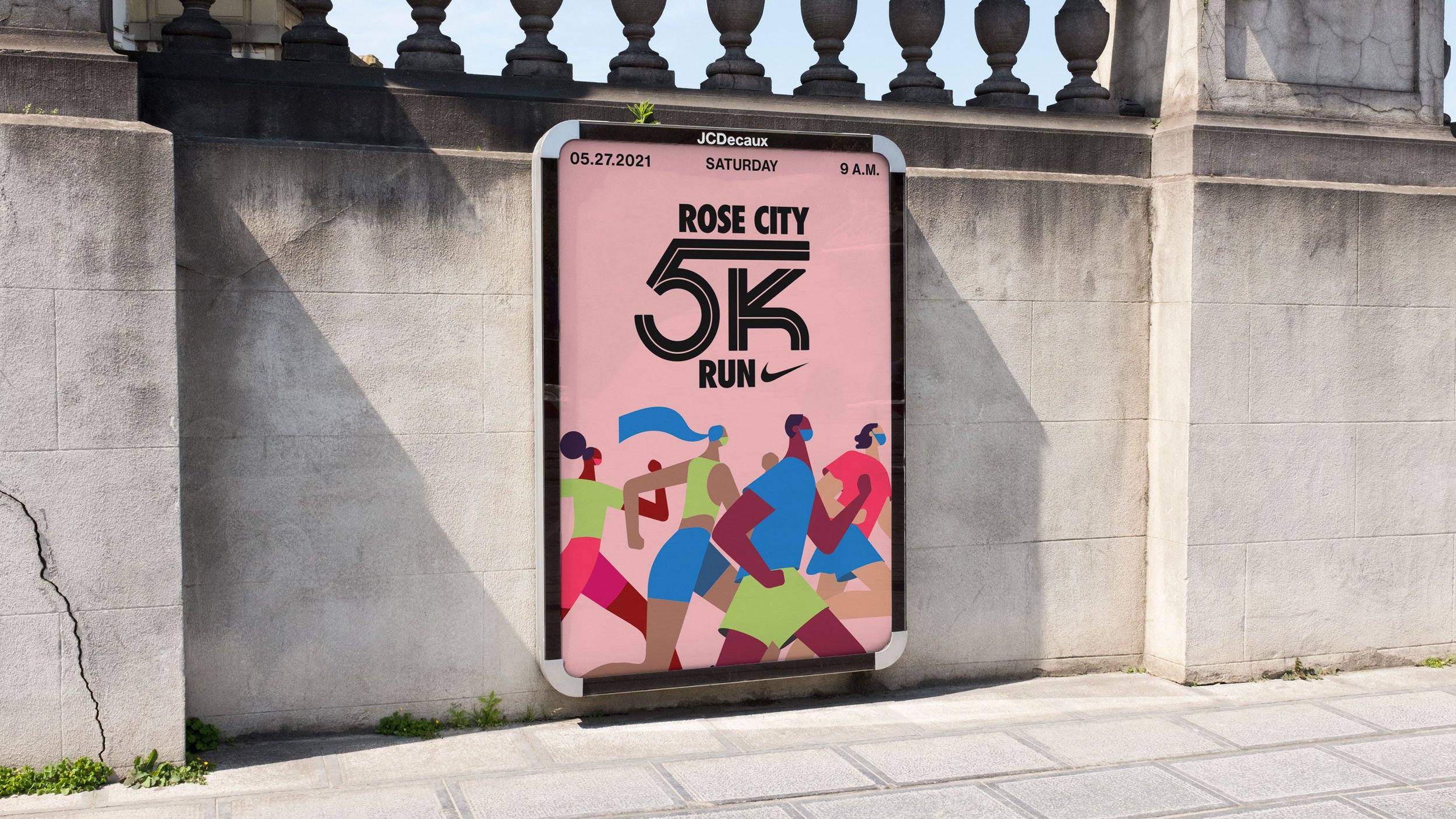 Event poster advertising a 5K run in Rose City on Saturday, May 27, 2021, at 9 a.m., featuring an illustrated group of diverse runners.