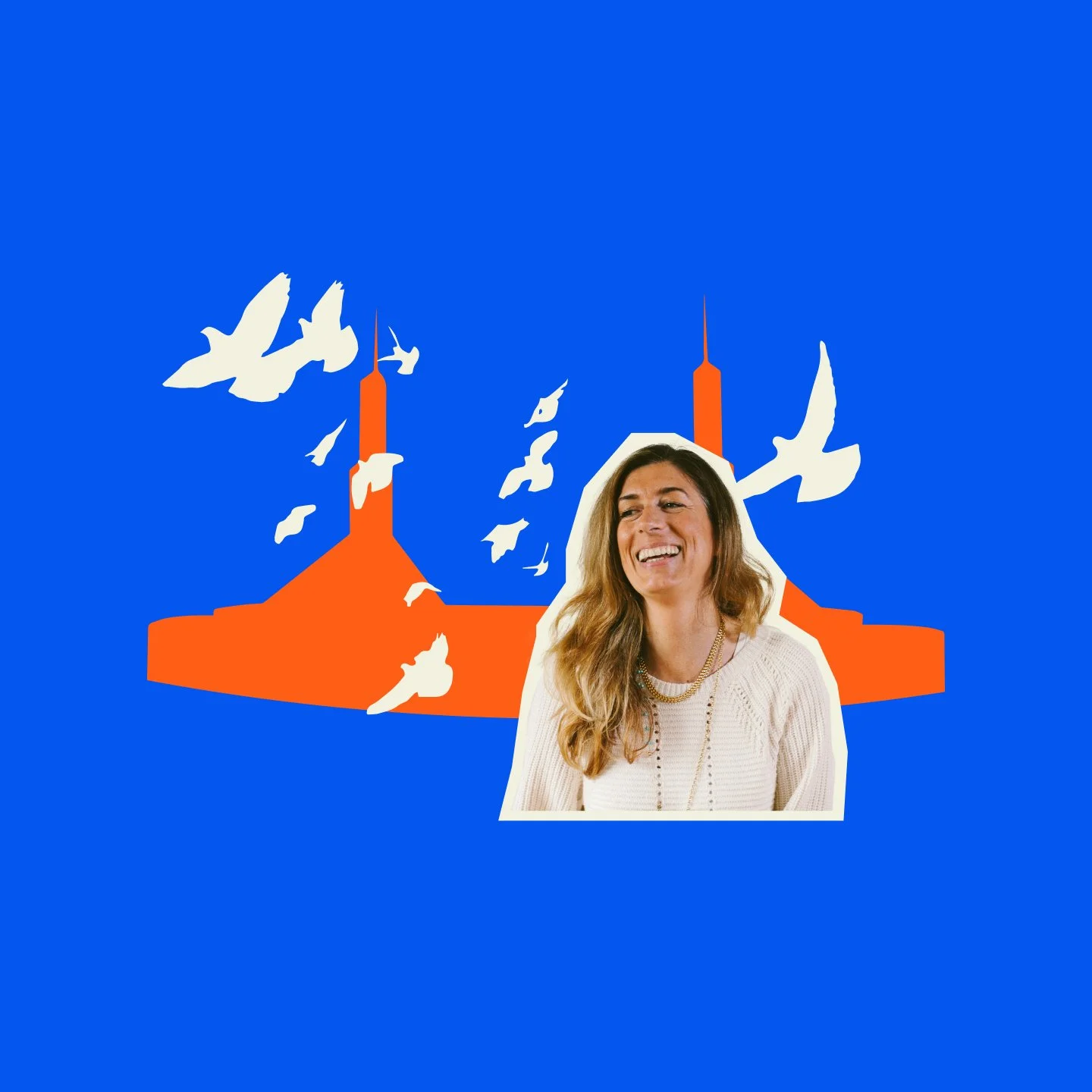 A woman with long brown hair smiling in front of a blue background with a stylized orange church and flying white birds, with her photo cut out and placed in the foreground.