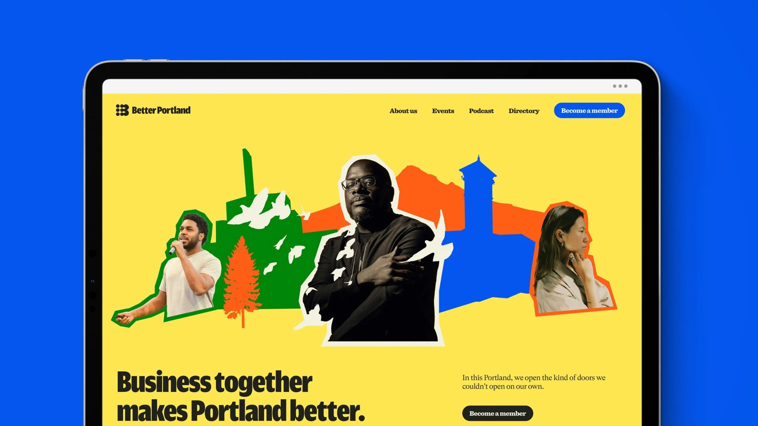 Screenshot of a webpage from Better Portland featuring a colorful collage with three people, cityscape silhouettes, and trees. The headline reads 'Business together makes Portland better.'