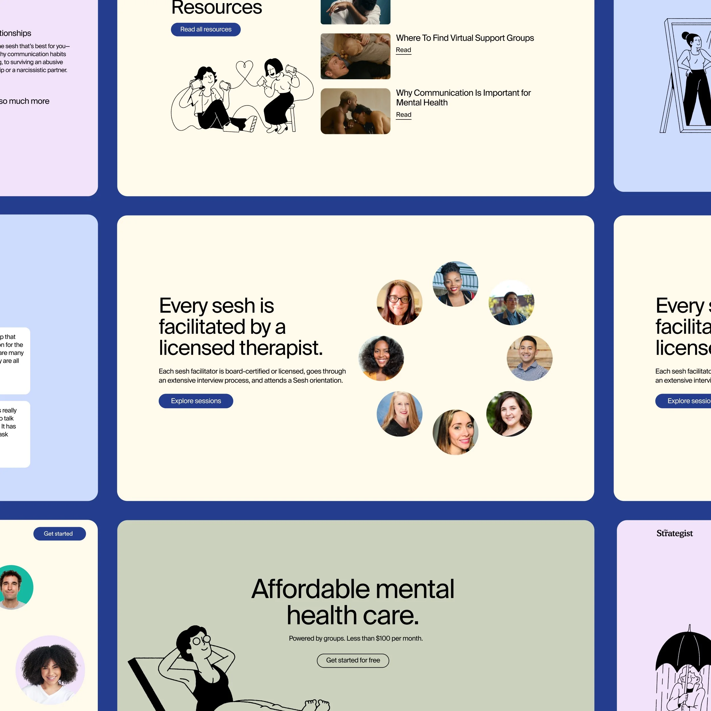 A colorful website design featuring sections on mental health resources, support groups, and therapy services. The page includes illustrations of diverse individuals, photos, and a large headline about affordable mental health care.