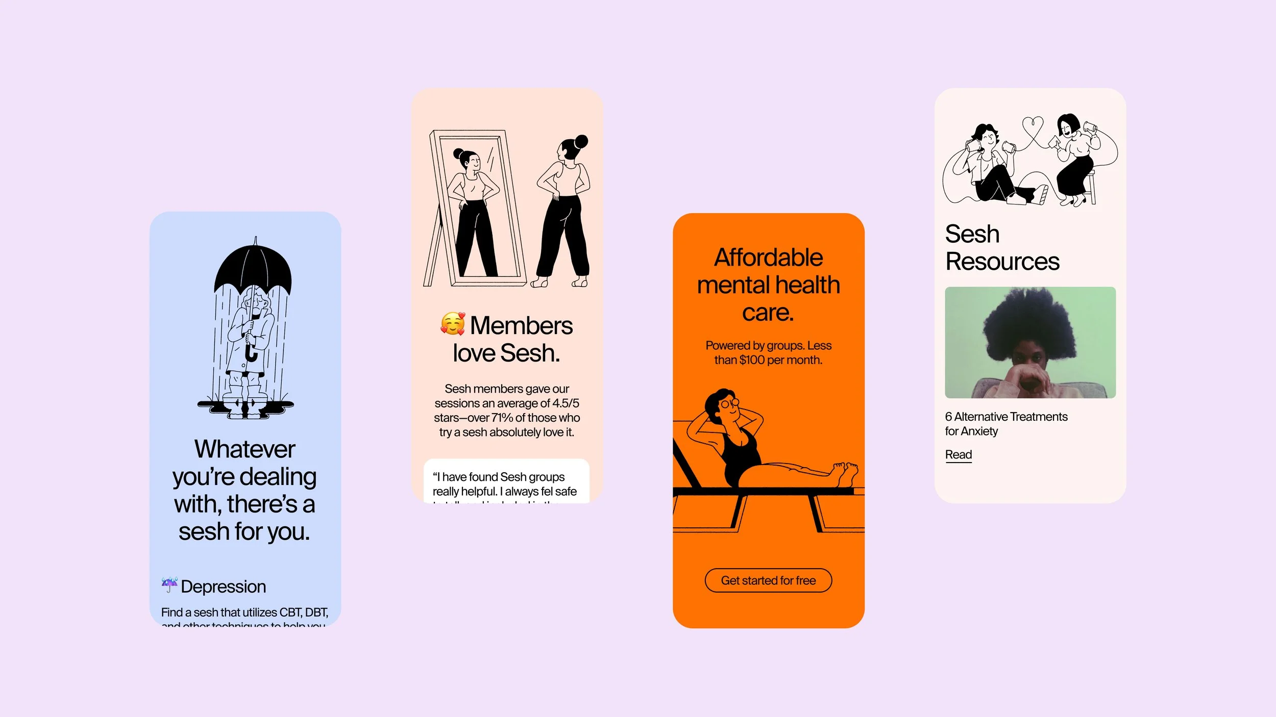 Collage of mental health resources including illustrations and text about Sesh, affordable care, and depression.