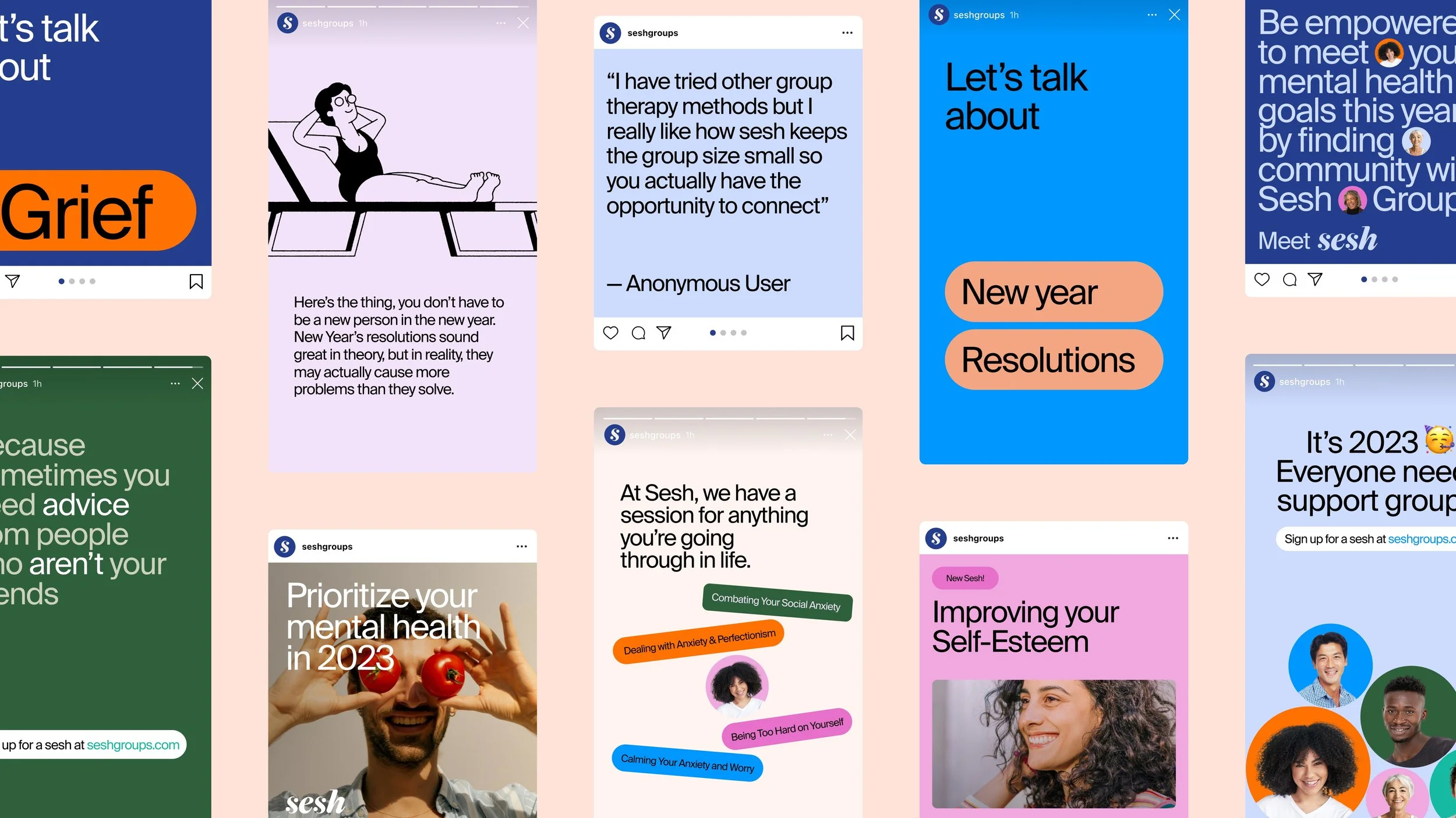 A collage of social media posts promoting mental health and self-care topics, including grief, group therapy, New Year resolutions, self-esteem, anxiety, and support