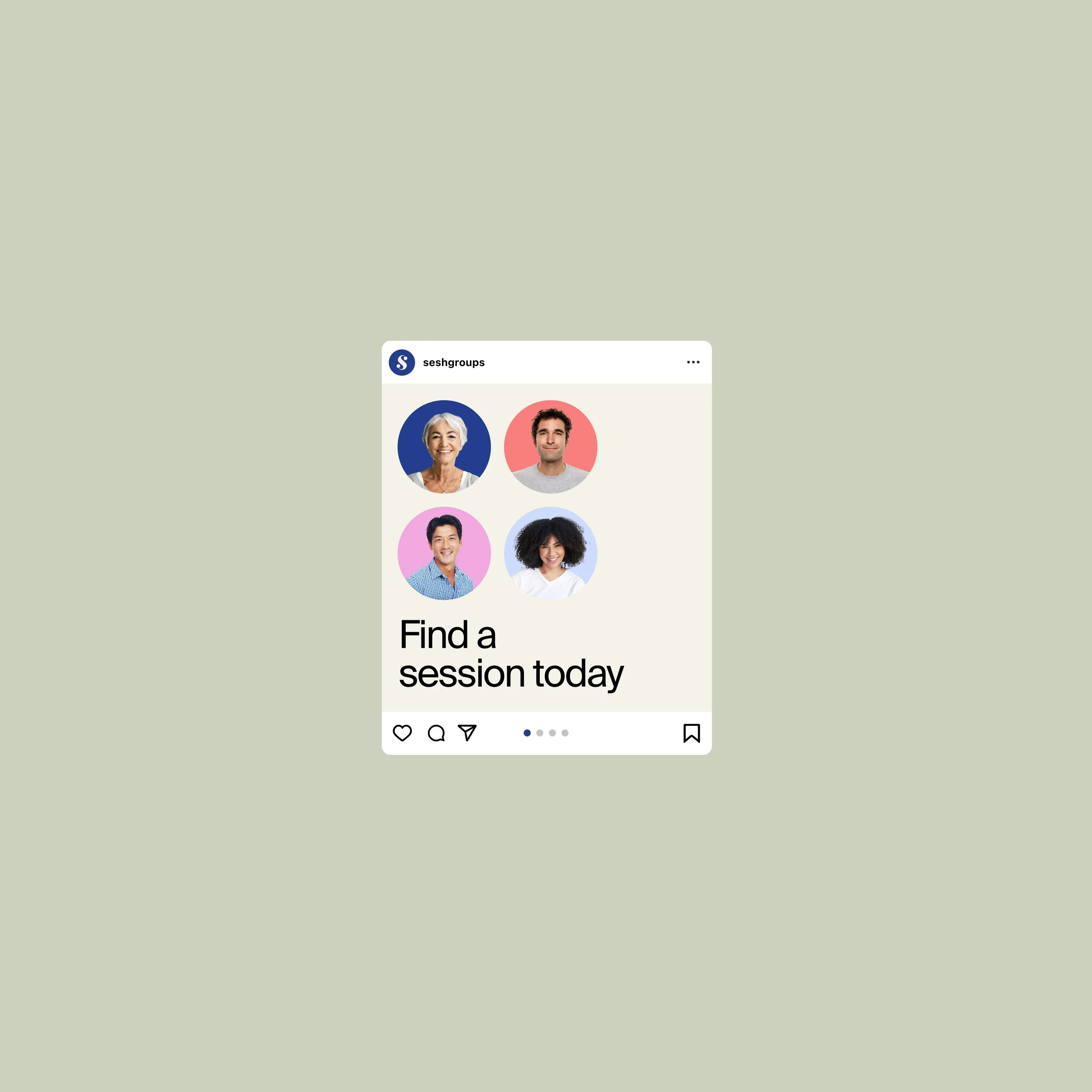 Instagram post preview with four diverse people in colored circles and text 'Find a session today'.