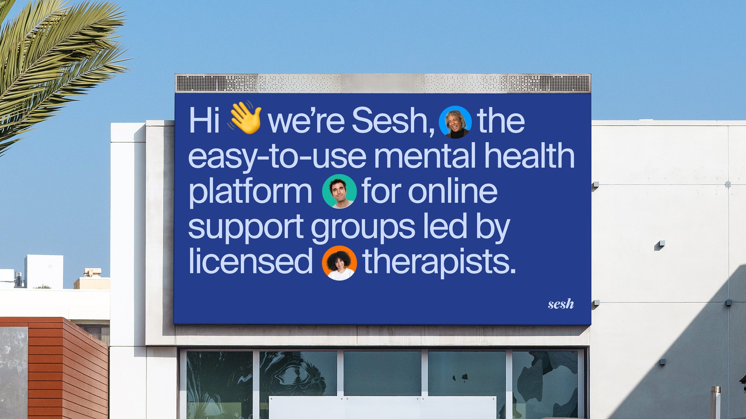 Billboard promoting Sesh, an online mental health platform led by licensed therapists, with images of two smiling people and colorful icons.