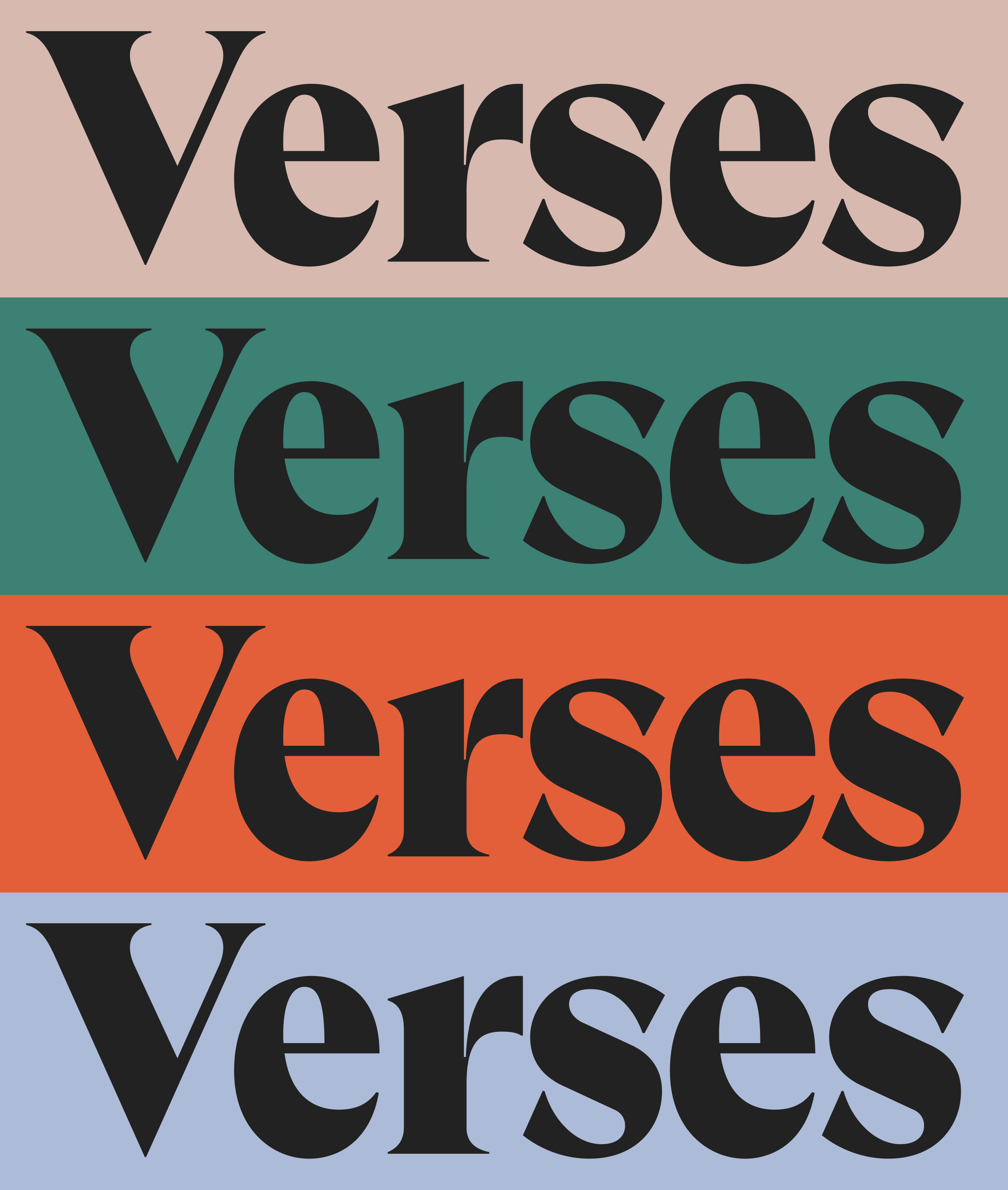 The image features four horizontal sections, each with the word "VERSÉ" in large, black, serif font, set against different colored backgrounds: pastel pink, teal, orange, and light blue from top to bottom.