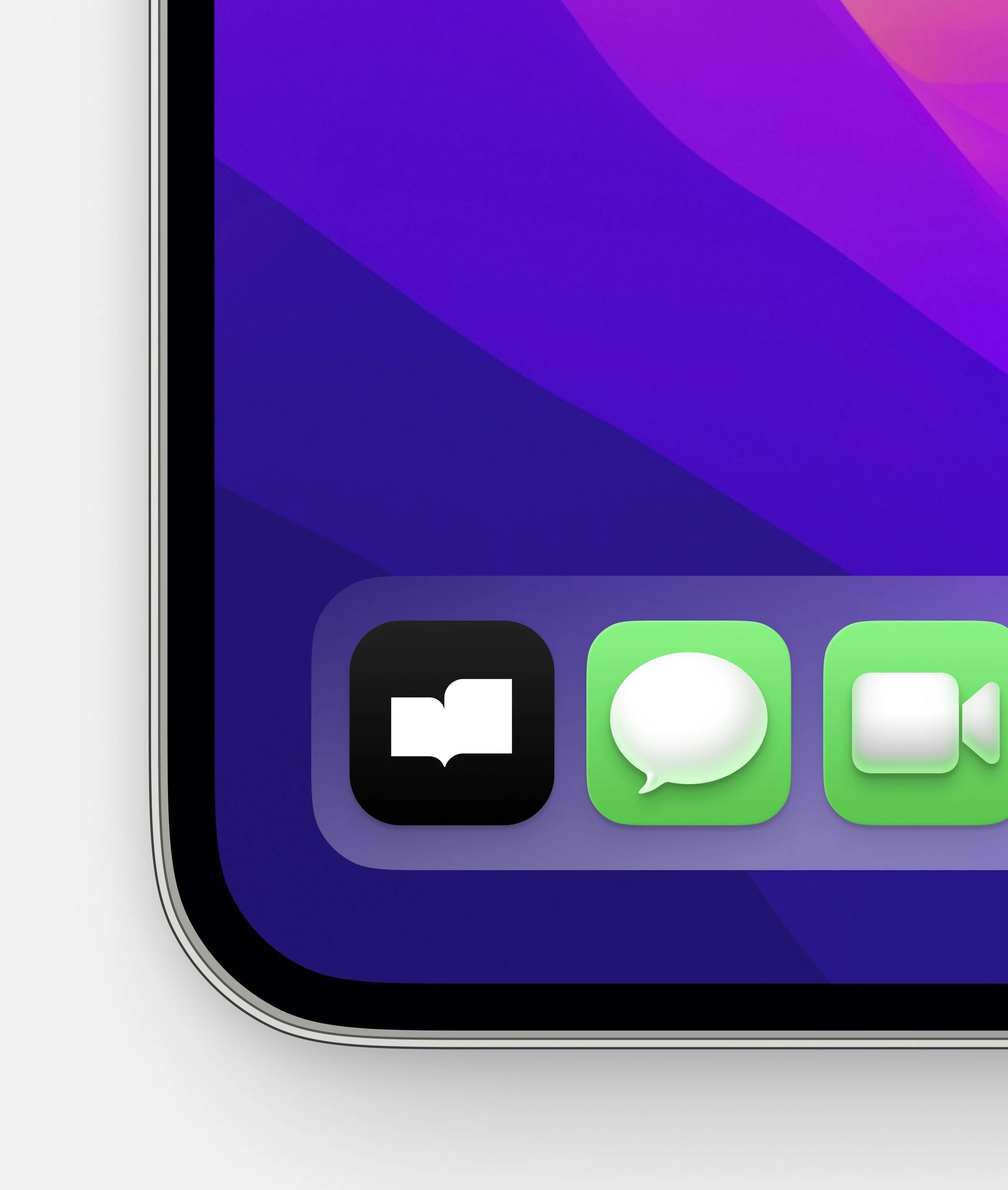 Close-up of a smartphone screen showing app icons, including Messages and FaceTime, with a purple and blue gradient background.