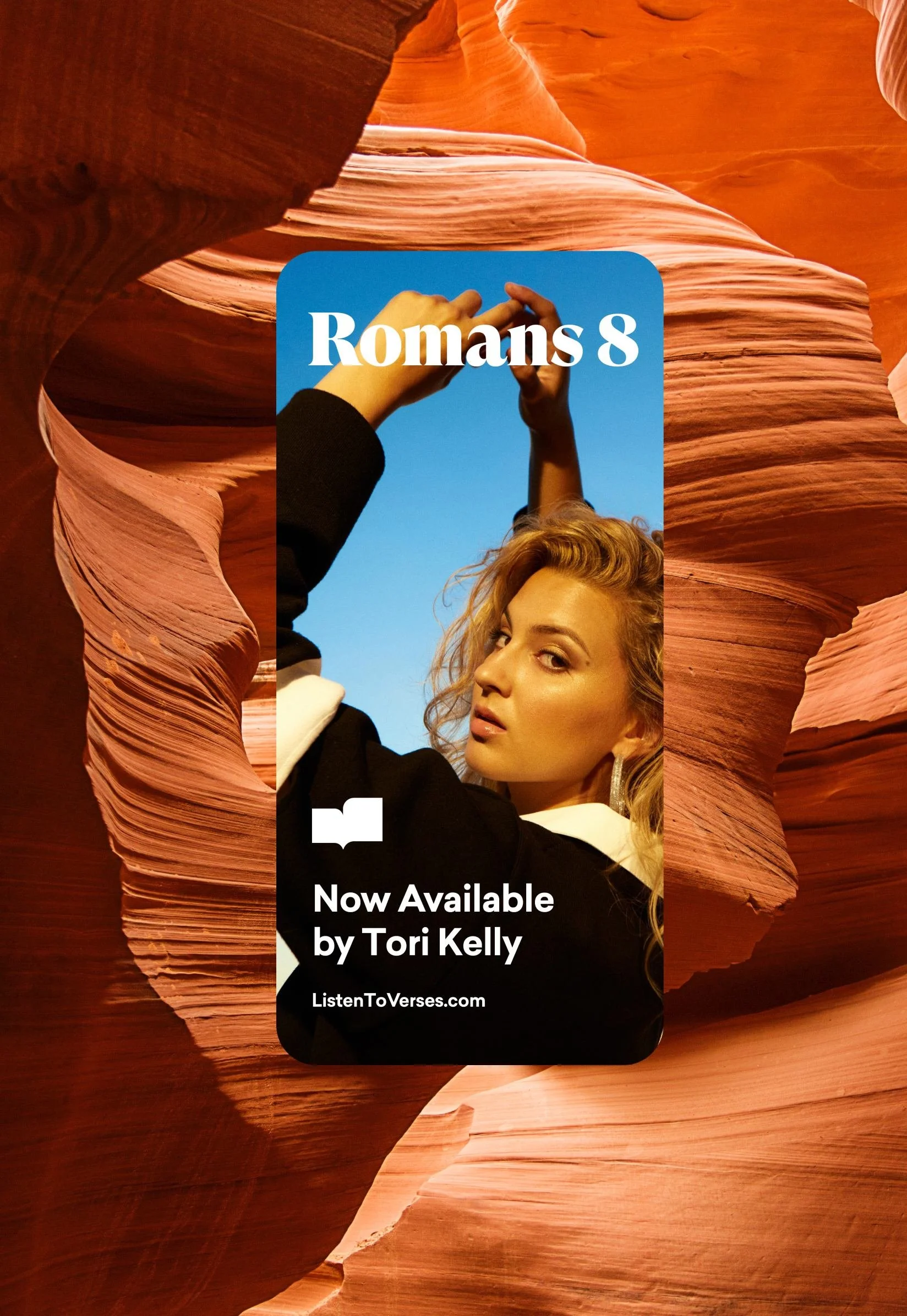 A promotional image for a book titled 'Romans 8' by Tori Kelly, showing a woman with curly blonde hair wearing a black outfit, with her hand raised against a clear blue sky. The text announces that the book is now available at ListenToVerses.com.