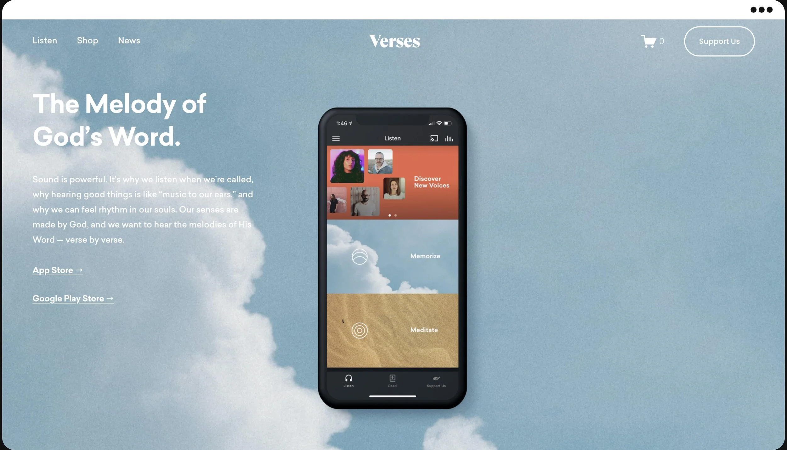 A website homepage with a sky blue background, featuring a smartphone displaying an app with the title 'Verses' and options like Listen, Read, and Support Us. The text on the page reads 'The Melody of God's Word,' and promotes listening to scripture, with links to app stores.